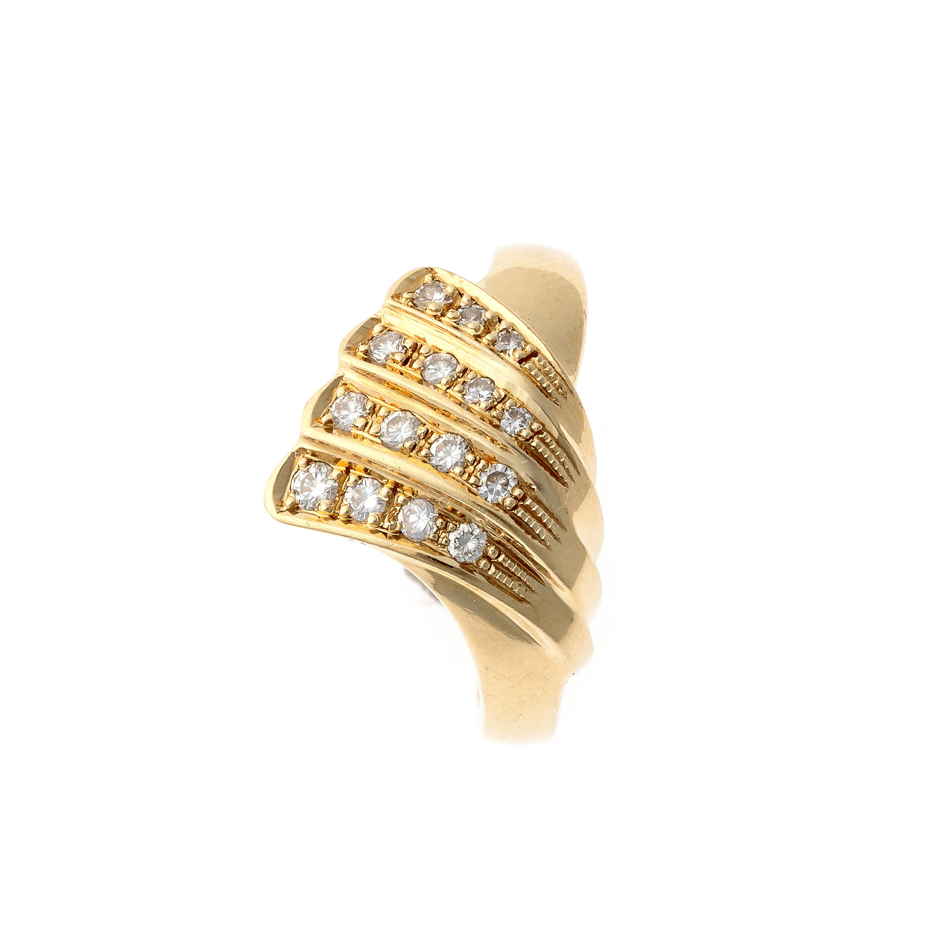 Top of the contemporary vintage yellow gold tiered diamond cocktail ring.