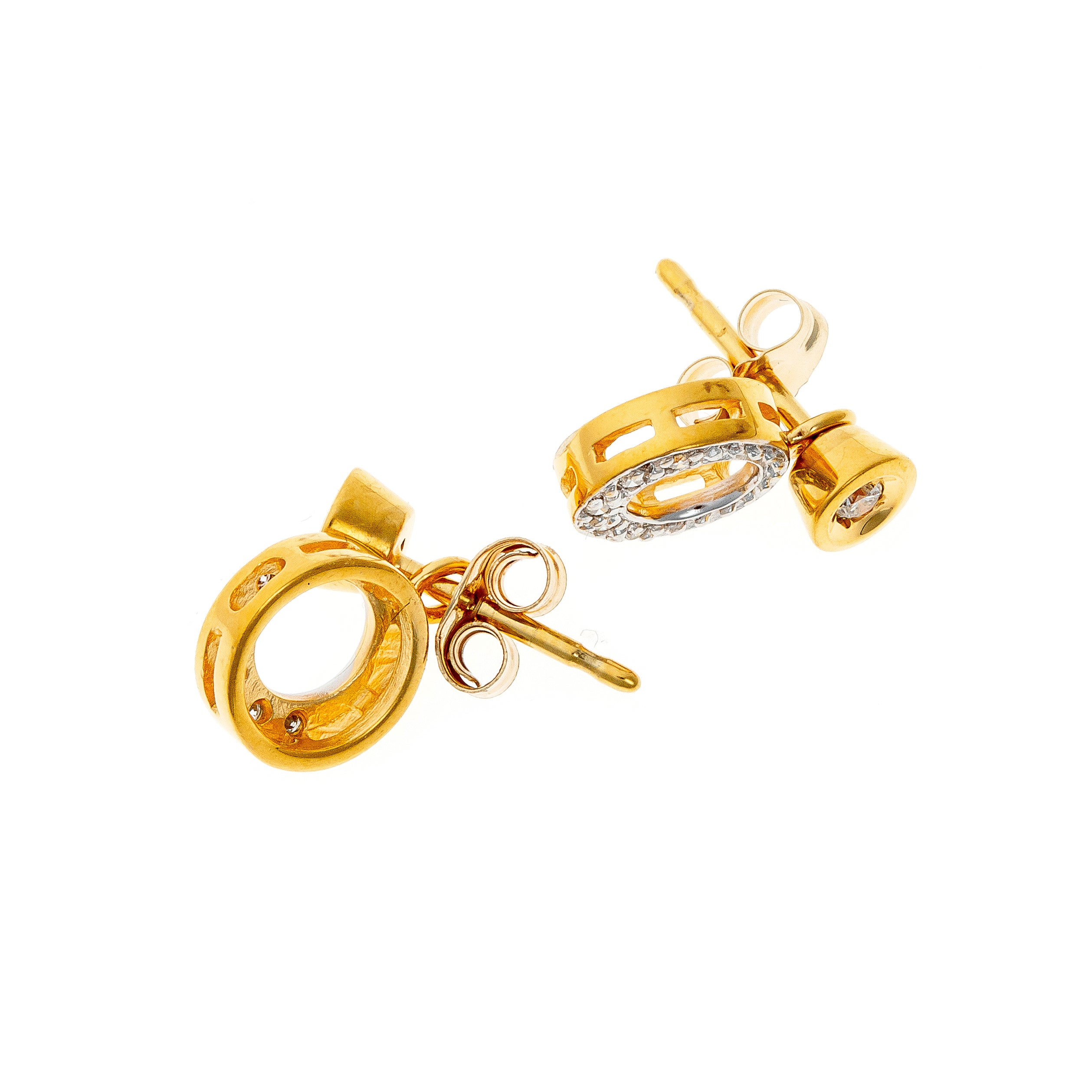 Pair of vintage French gold earrings with diamond pavé drops, showcasing their versatile convertible design.