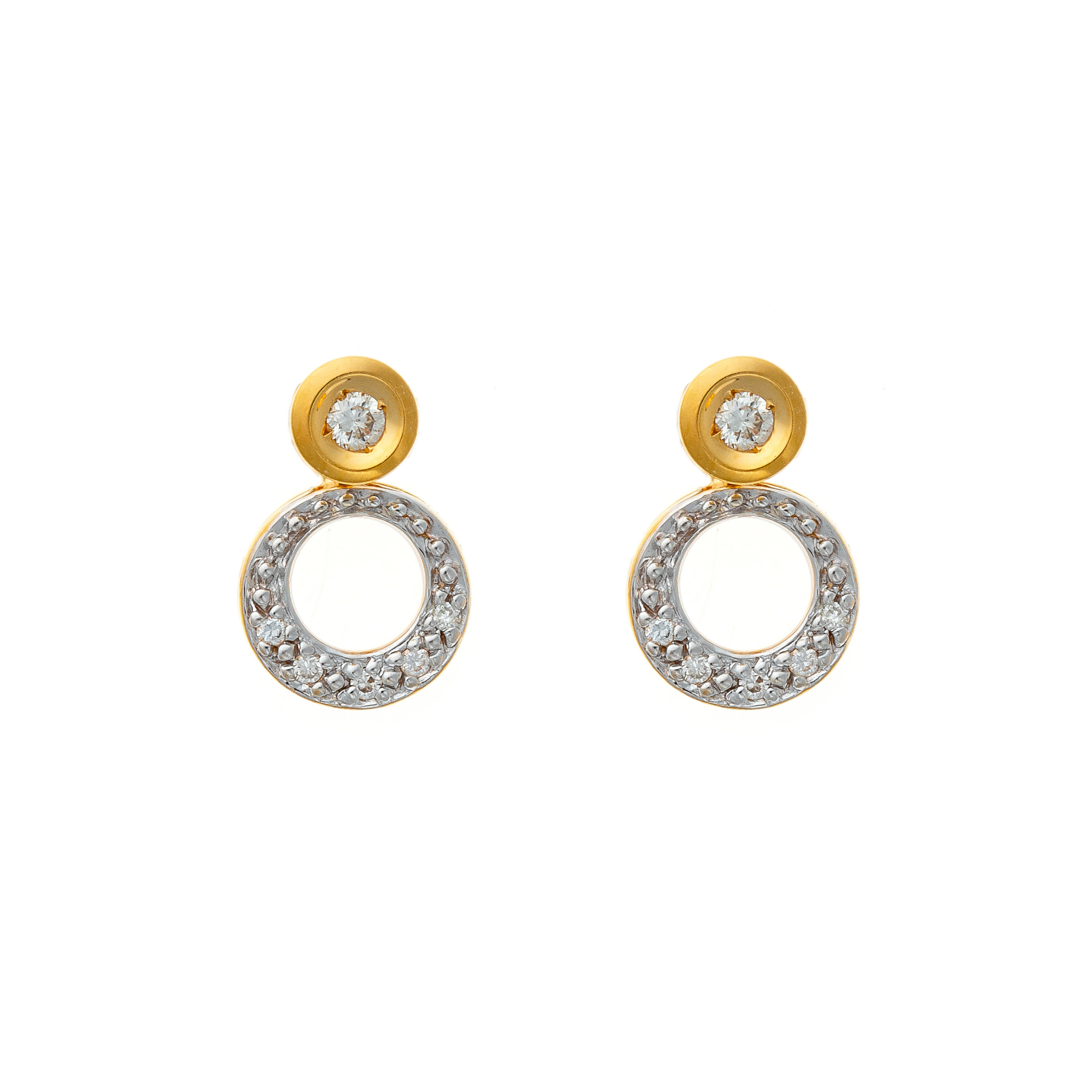 Vintage 1980s French gold diamond earrings shown from the front, featuring a convertible stud-drop design.