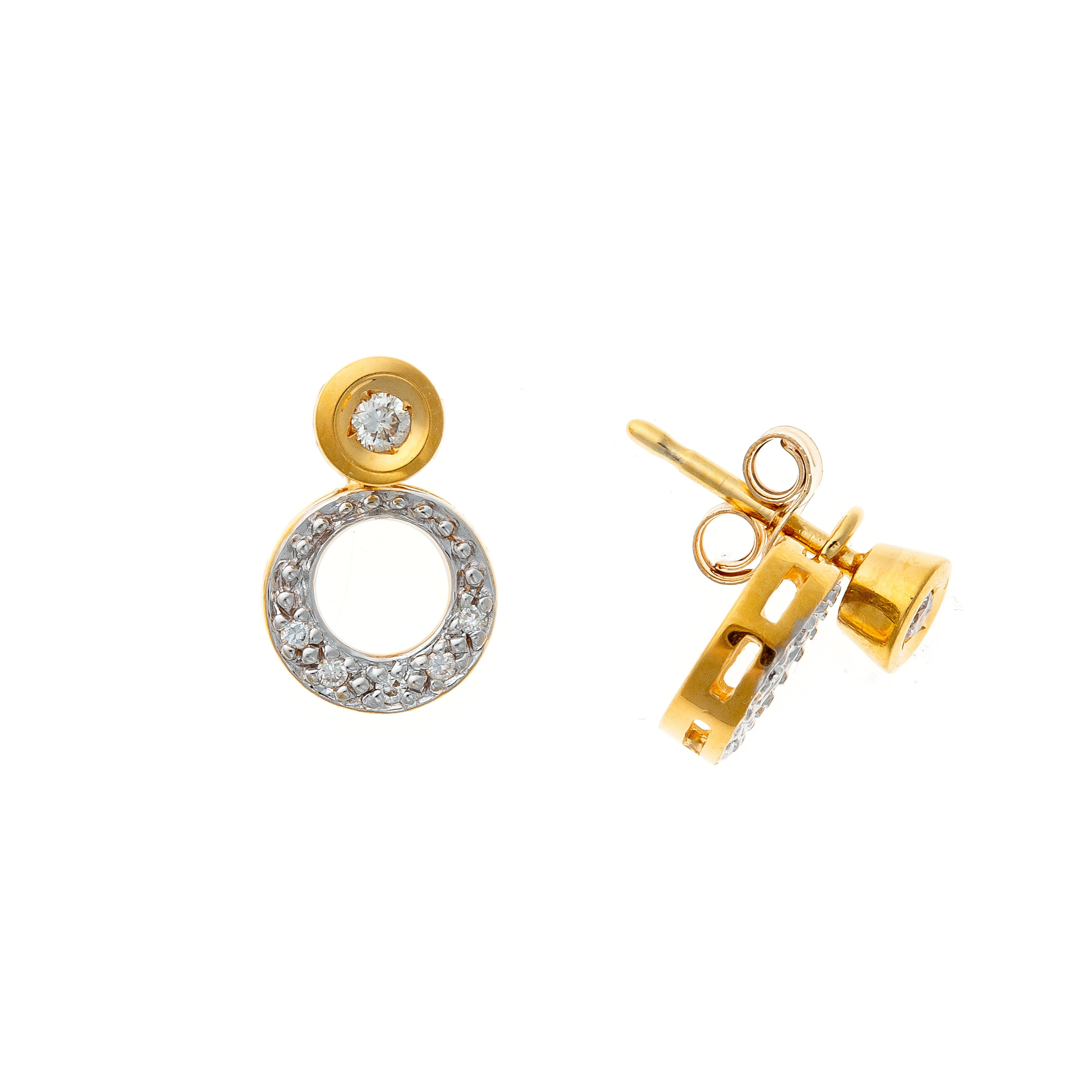 Side view of vintage French gold earrings with diamonds, highlighting their detachable circular drop feature.