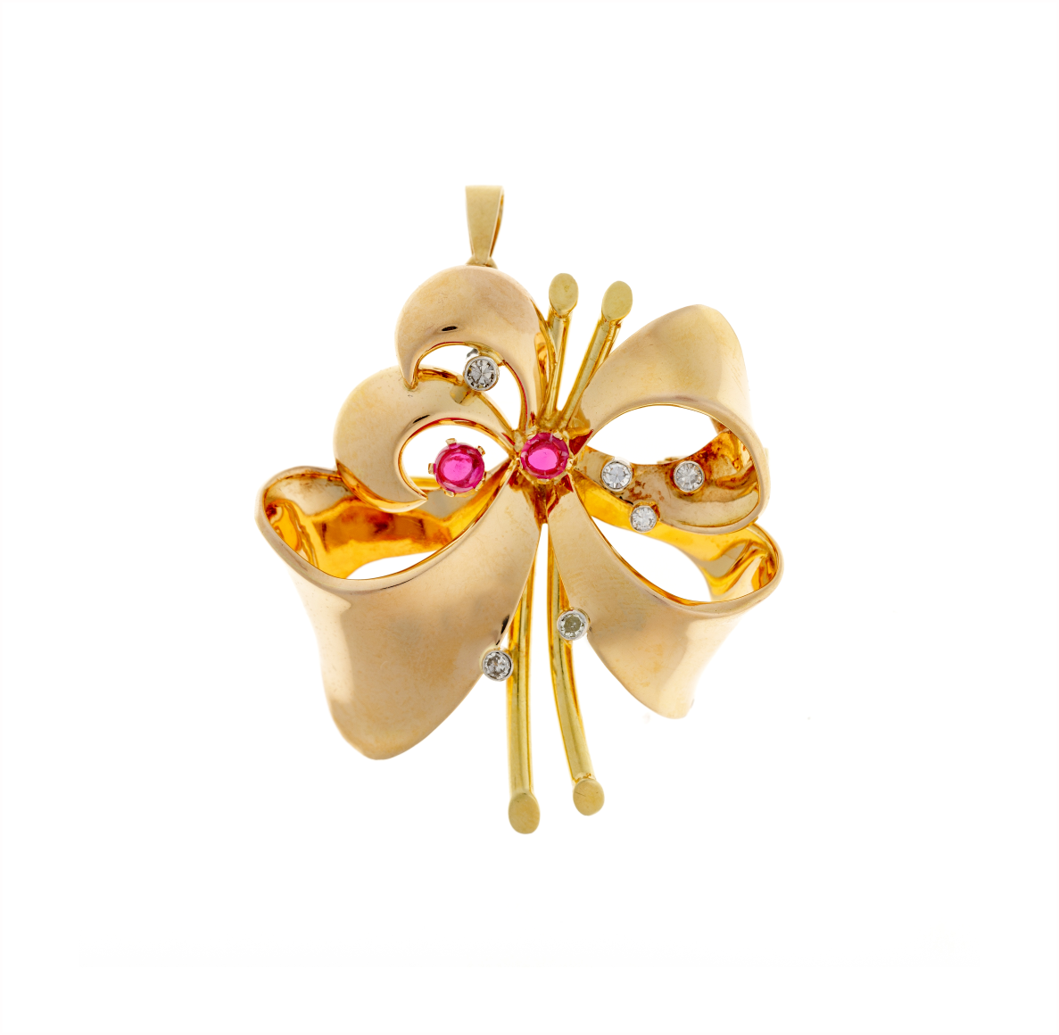 Diamond Gold Brooch Pendant with Lab-Grown Rubies in an 18k floral-inspired French design