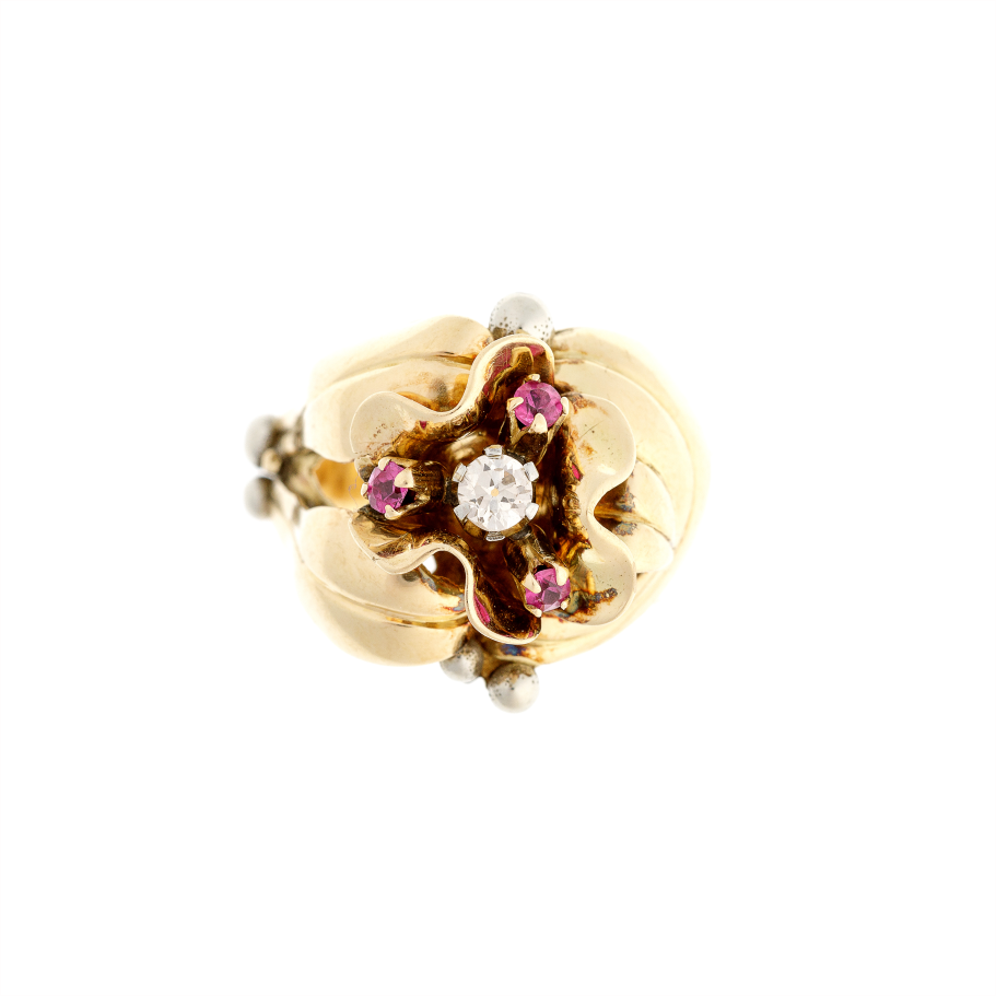 Diamond Gold Flower Ring with Lab-Grown Red Corundum featuring 14k white and yellow gold floral design