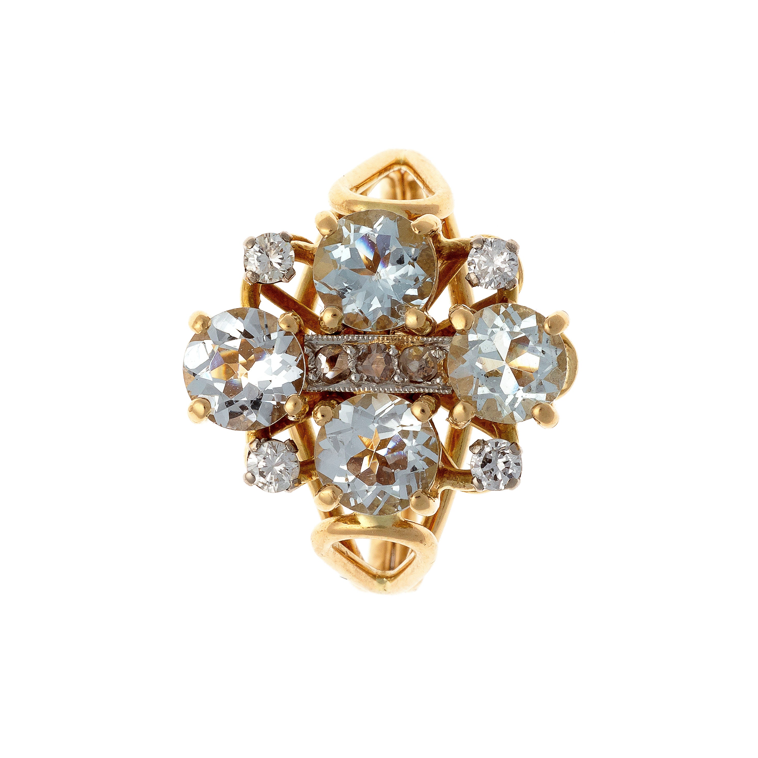 Top of the Art Deco yellow gold cocktail ring with aquamarines and diamonds.