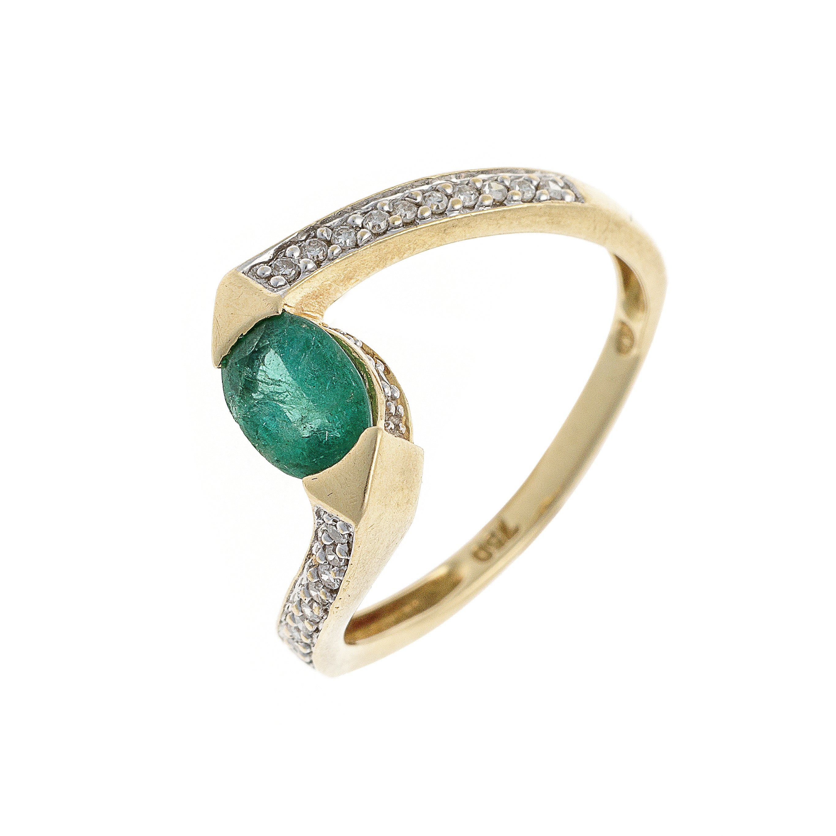 Angled side view of the estate emerald bypass ring, showcasing the dynamic curved gold band and diamond accents.