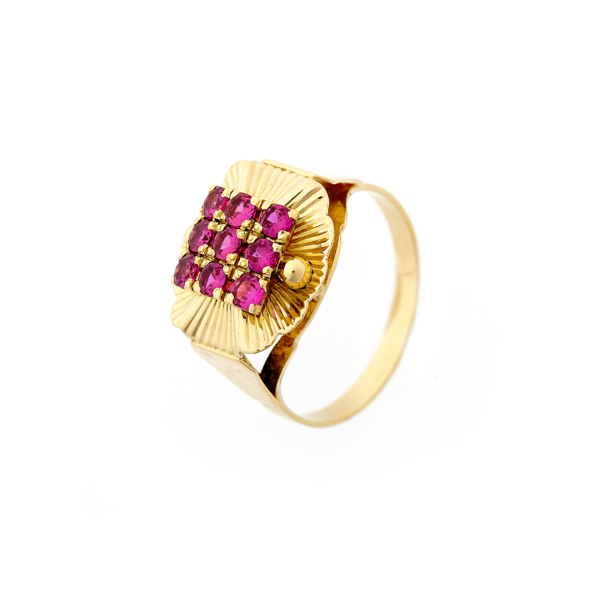 Angled side view of the estate gold ring, showcasing its textured gold petals and radiant synthetic rubies set in a floral-inspired design.