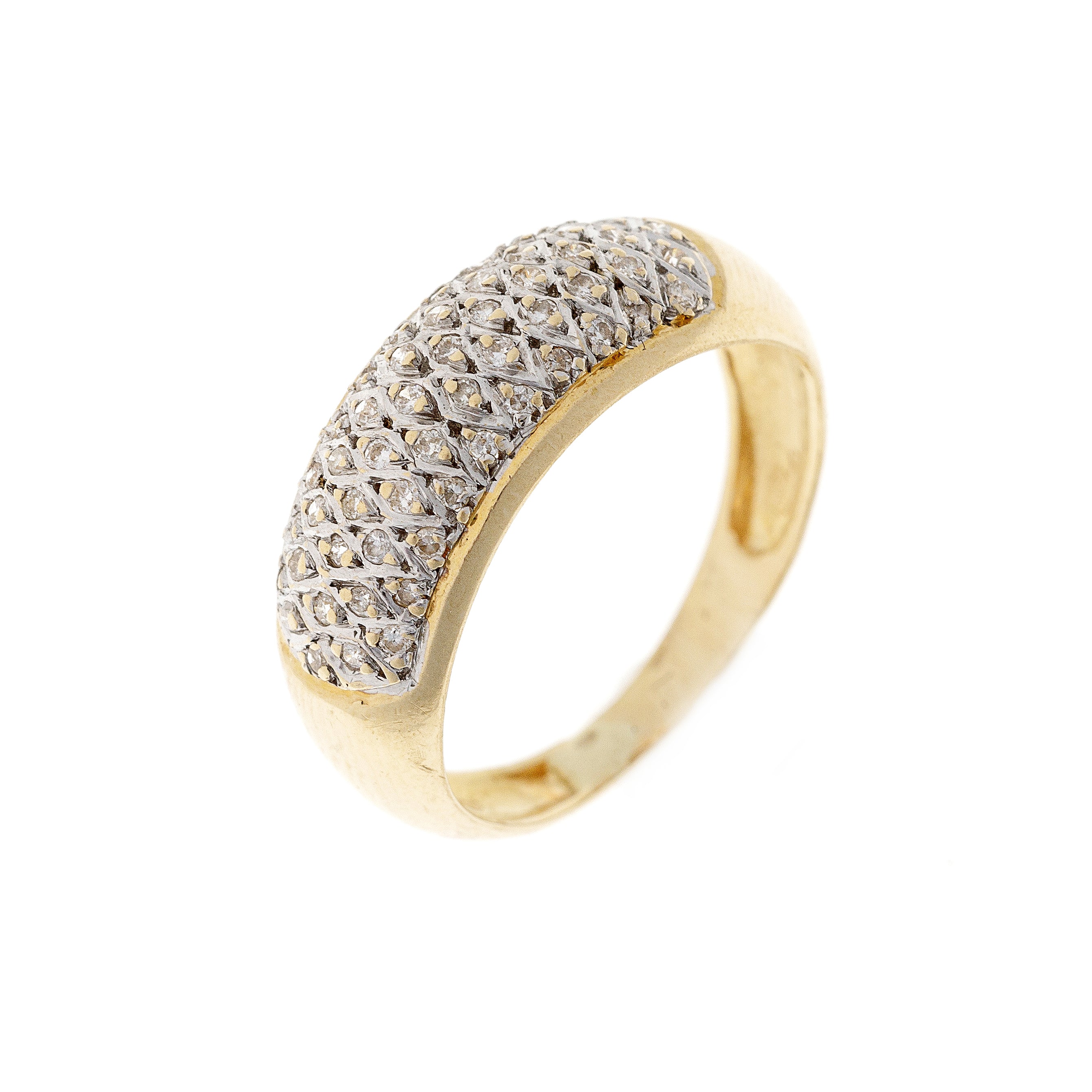 Side view of the estate gold pavé ring, showcasing its smooth band and intricate diamond setting that reflects light from every angle.