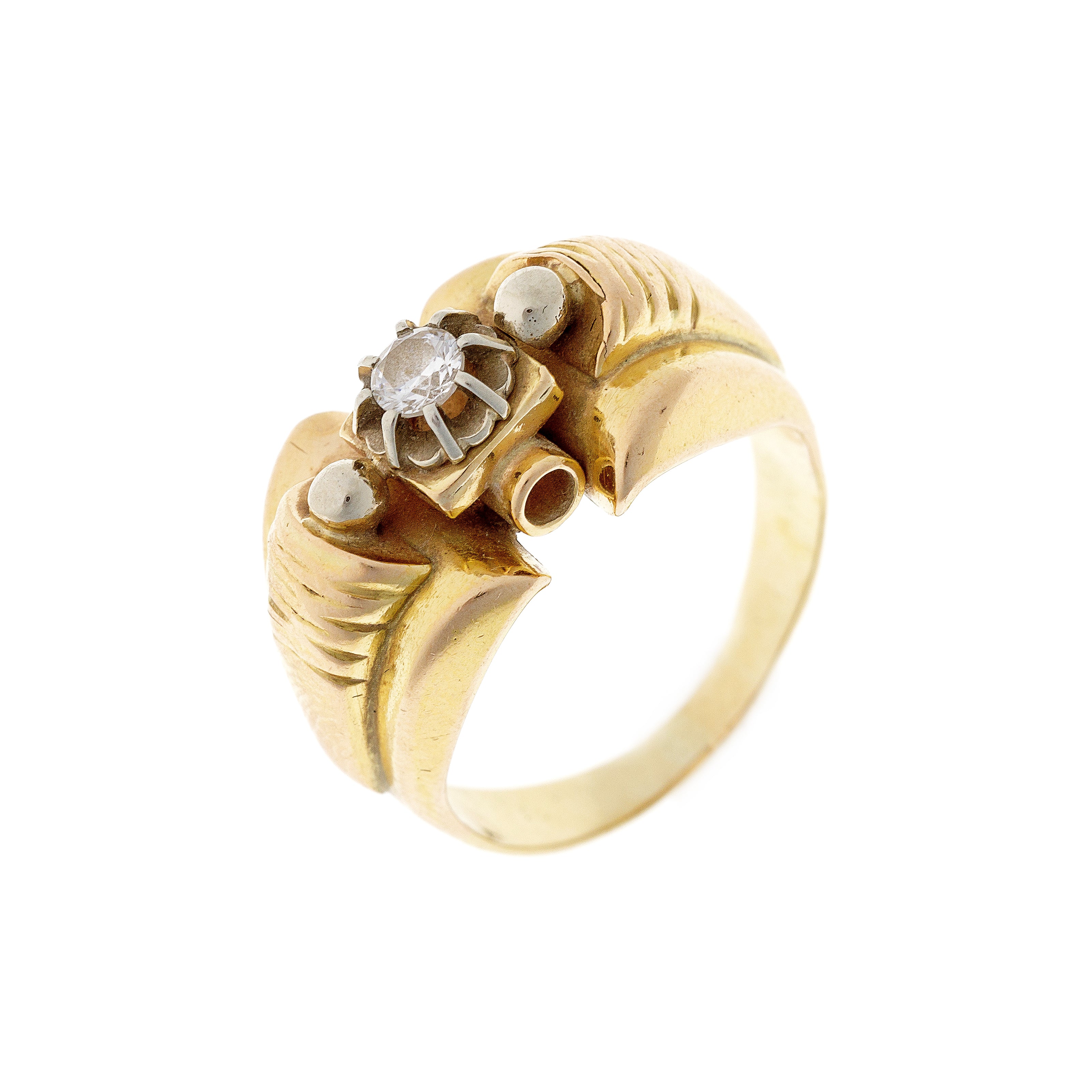 Angled side view of the estate tank ring, highlighting its sculptural gold design and the raised cubic zirconia setting.
