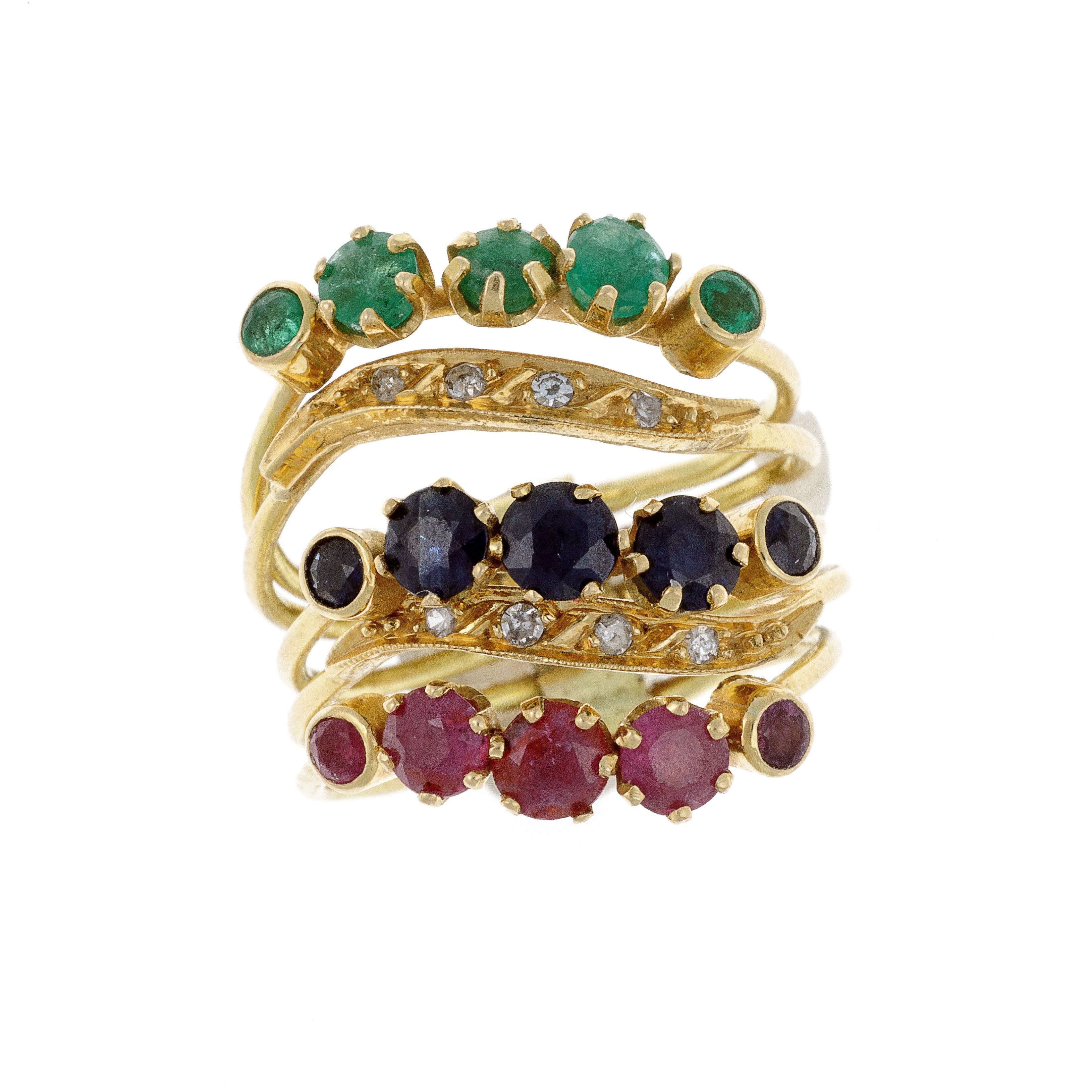 Front view of 18K gold ring with diamonds, rubies, sapphires, and emeralds in layered design.