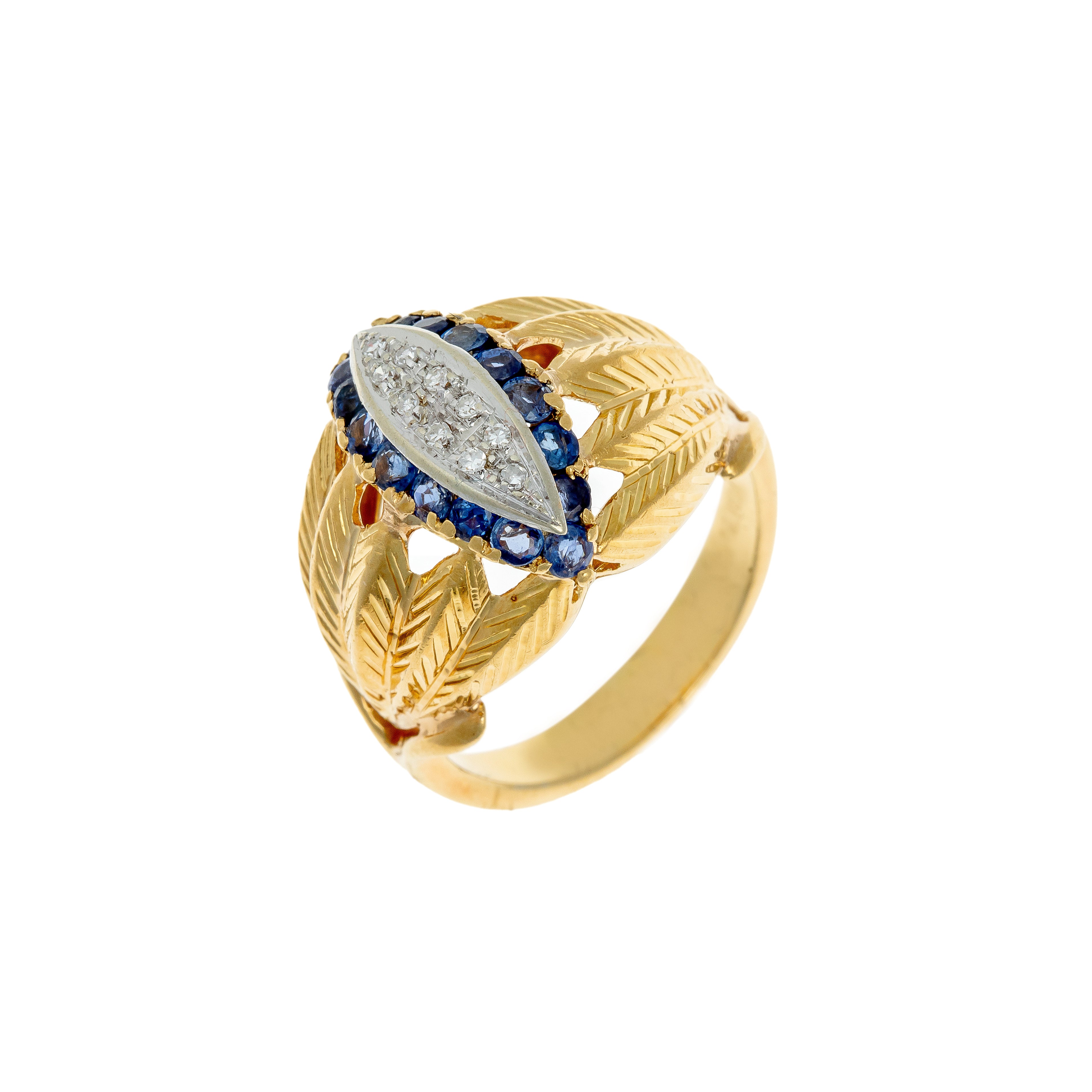 Angled view of the marquise-style gold ring, featuring a diamond cluster framed by sapphires and intricate leaf engravings.