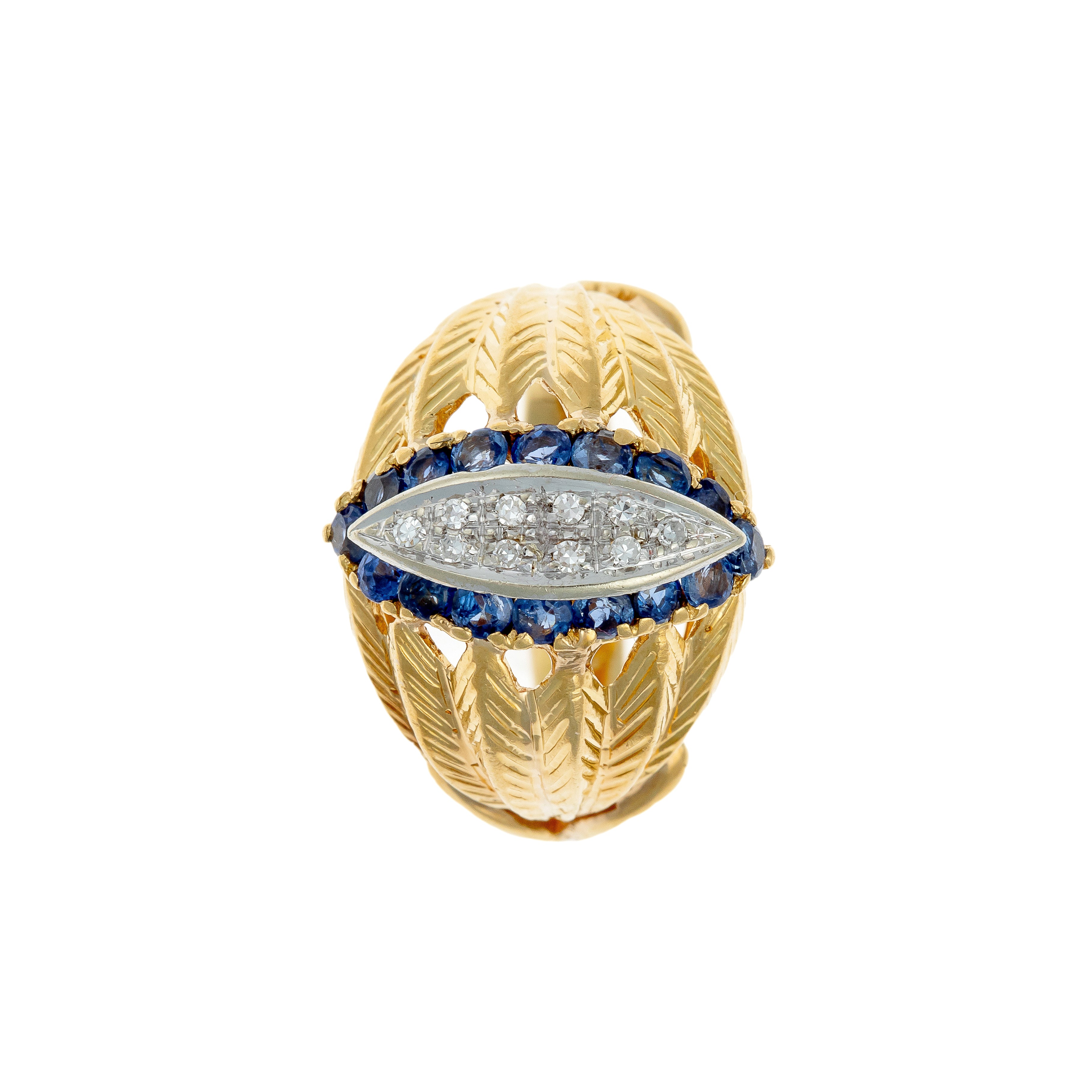 Top-down look at the Retro gold ring, showcasing the marquise-shaped diamond and sapphire setting.