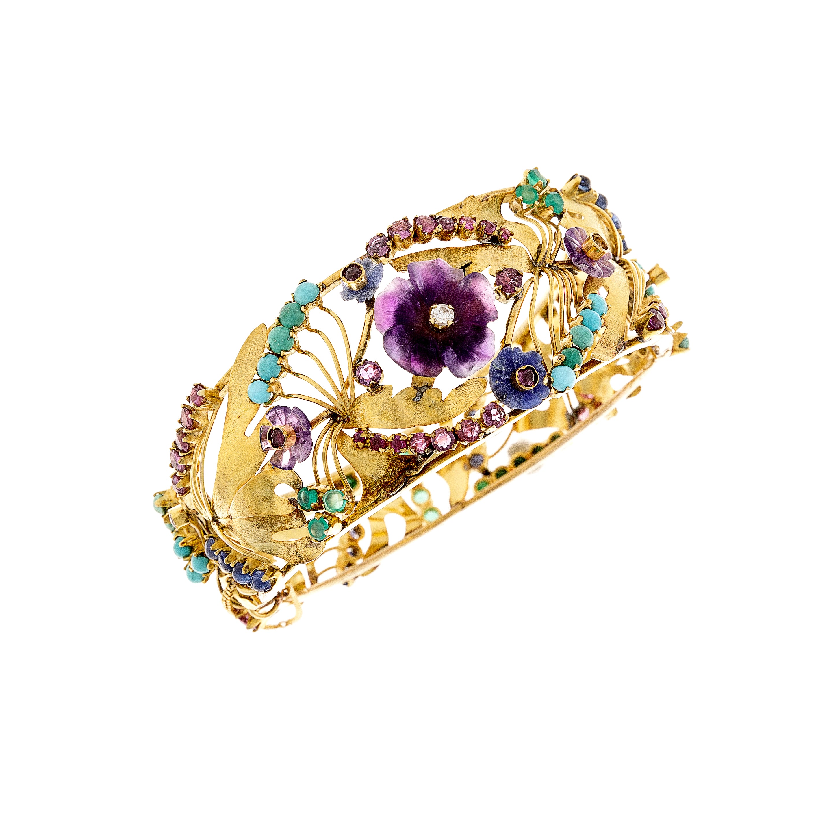 Gold Art Nouveau Bracelet with Diamonds, Rubies, Sapphires