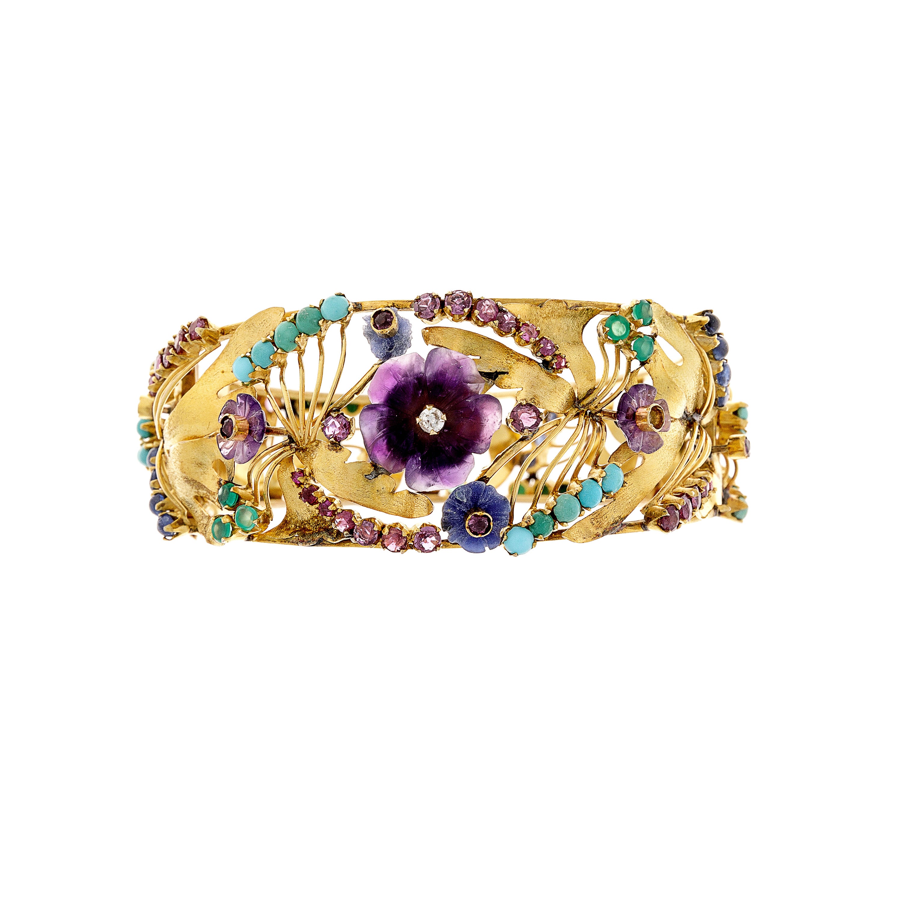 Gold Art Nouveau Bracelet with Diamonds, Rubies, Sapphires