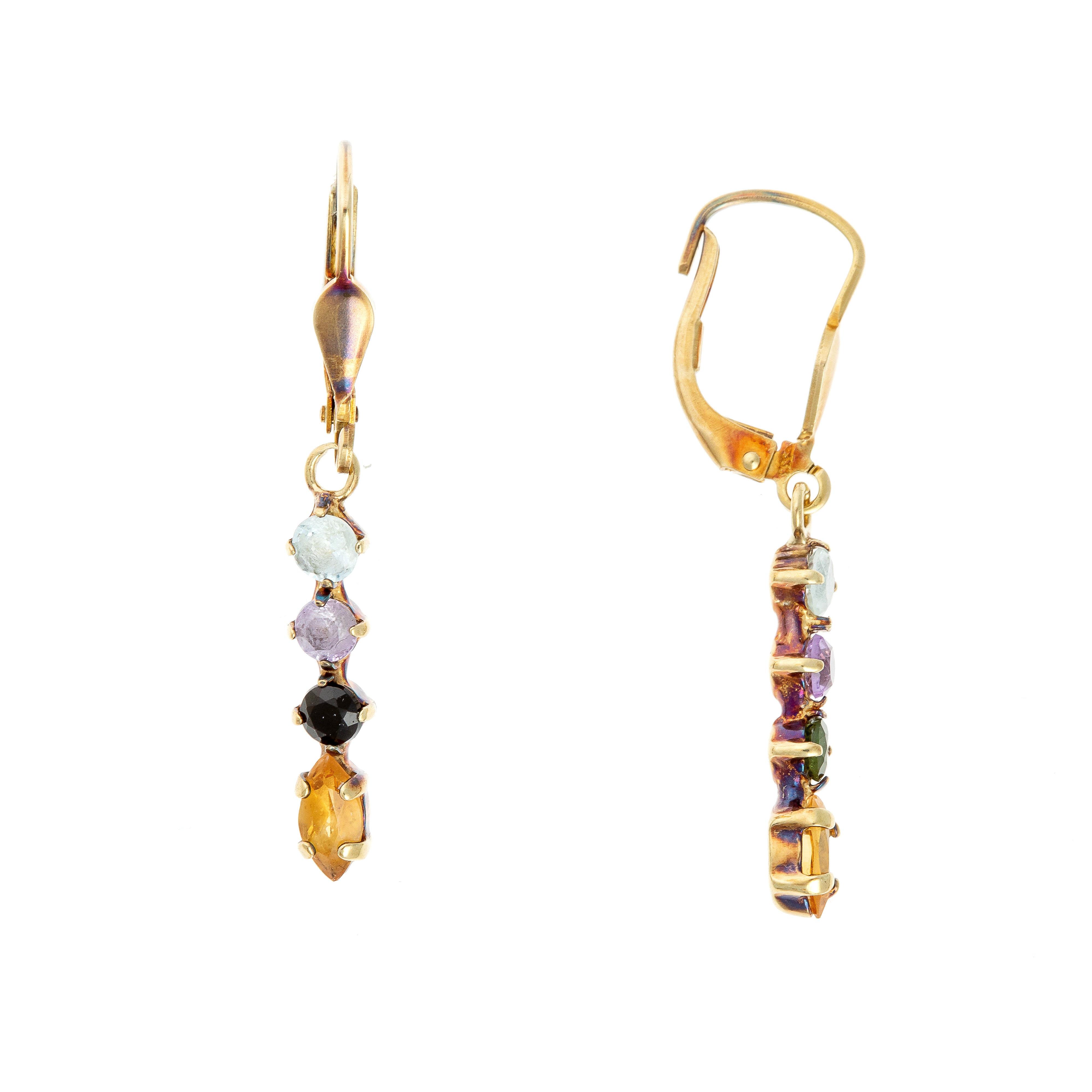 Gold drop earrings featuring citrines and amethysts in a vertical gemstone arrangement, set in 9K gold.
