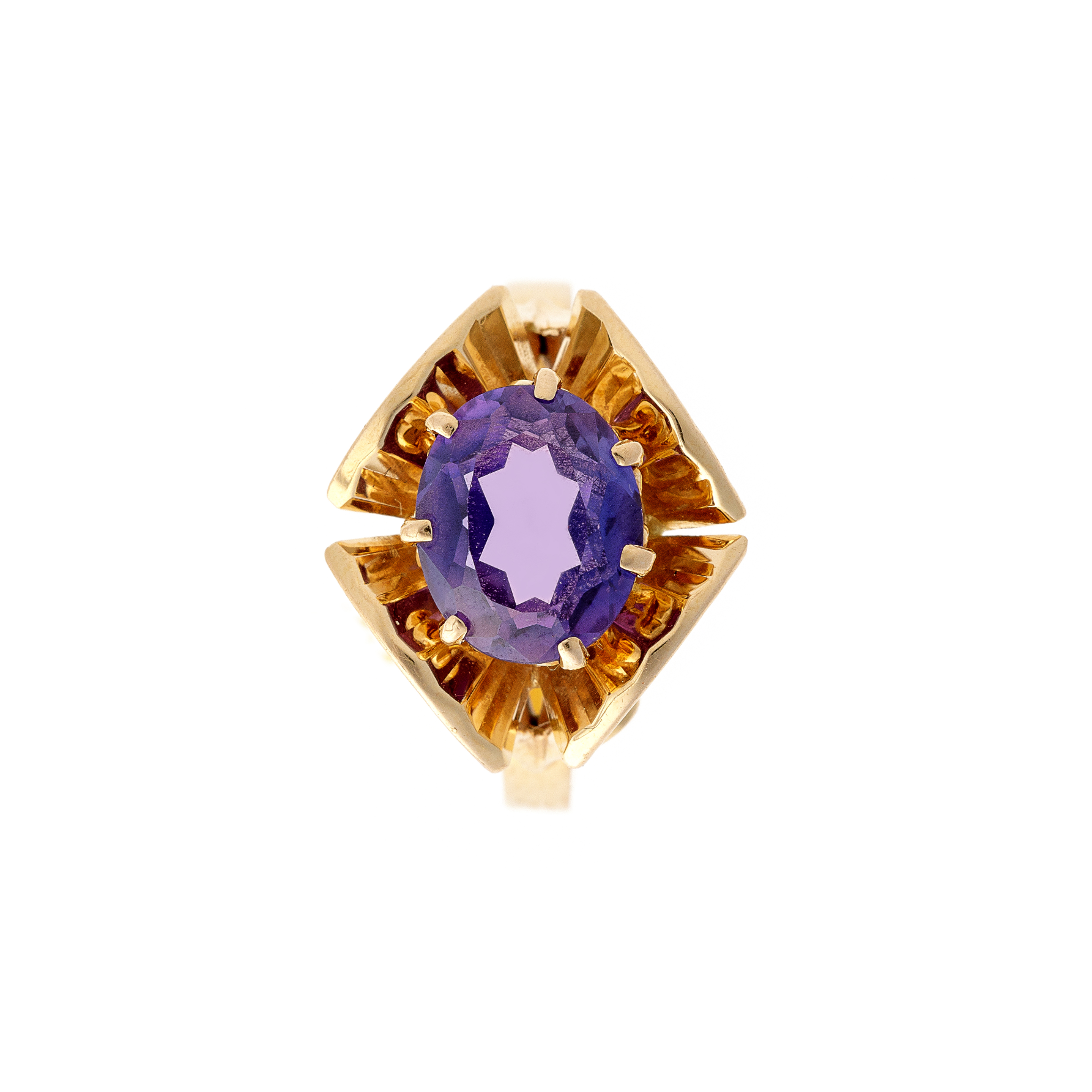 Gold Lab-Grown Violet Corundum Flower Ring with sculptural 18k French gold setting and bold gemstone design