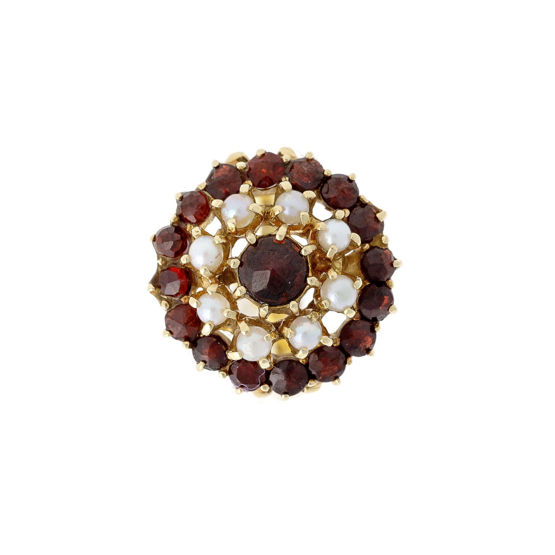 Gold Ring with Almandine Garnets & Cultured Pearls in a French 9k gold setting with a radiant circular design
