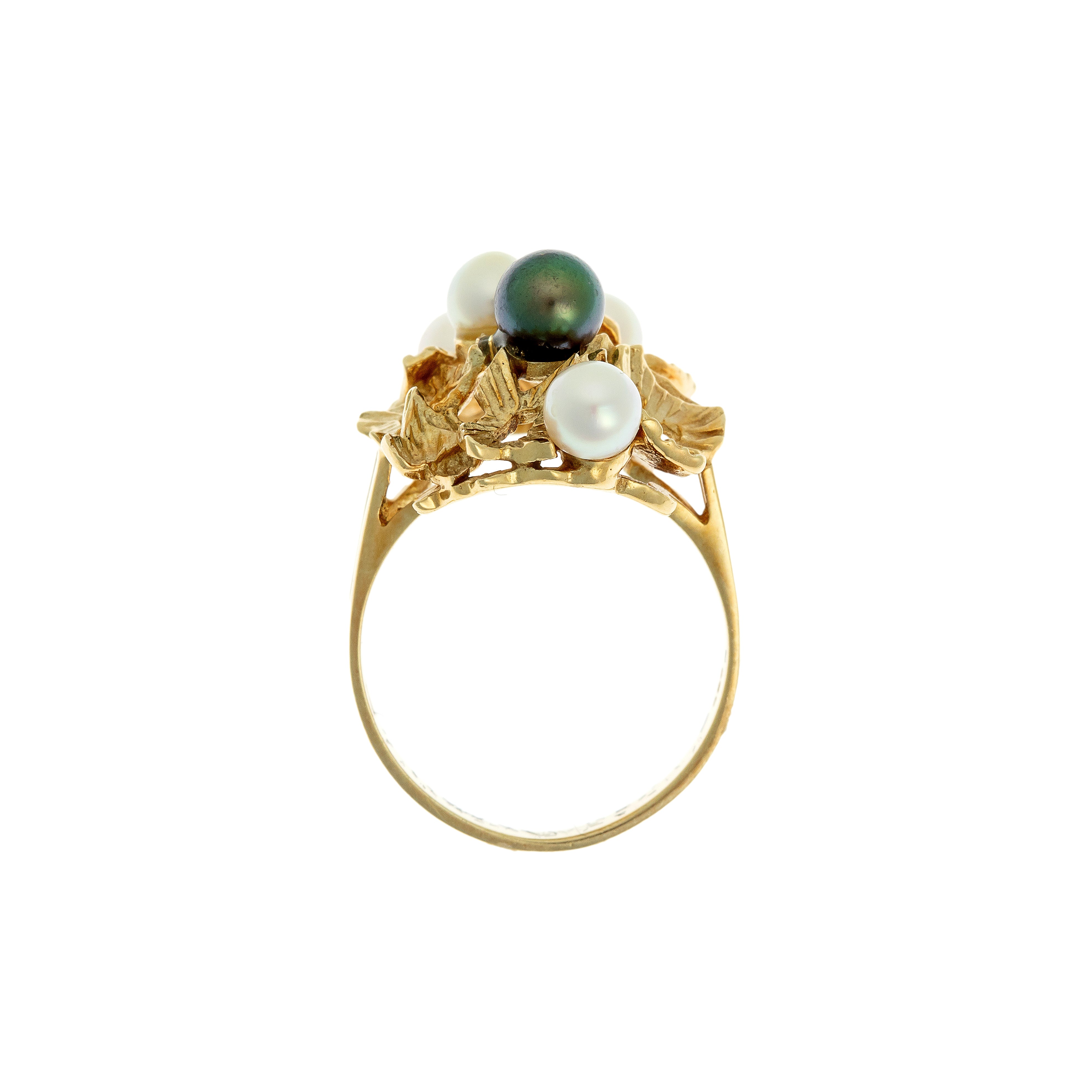 Profile view of French 1970s openwork pearl ring showing sculptural elevated setting.