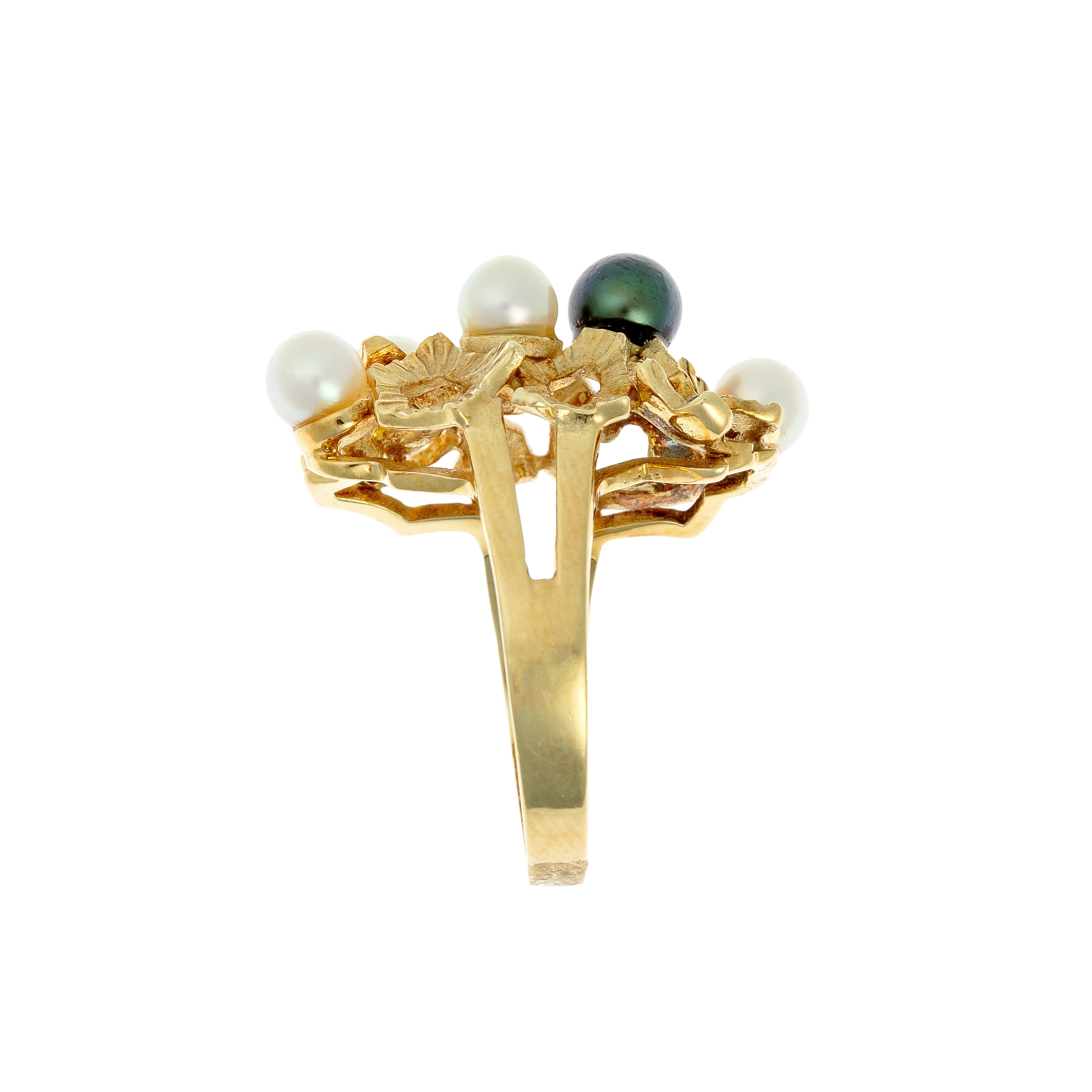 Side view of textured gold ring with cluster of cultured pearls in vintage French design.