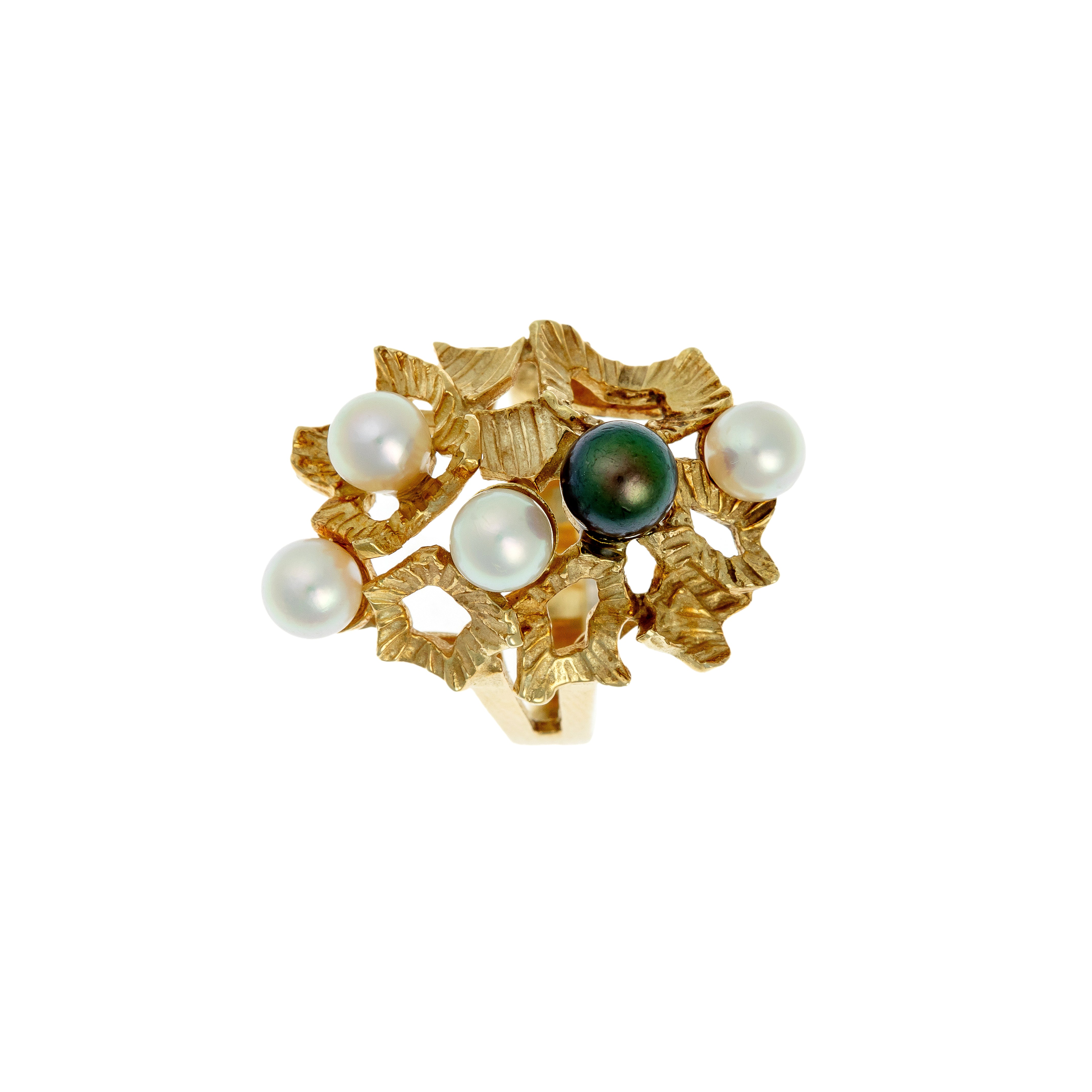 Top view of vintage 14k gold ring showcasing five cultured pearls and sculpted leaf design.