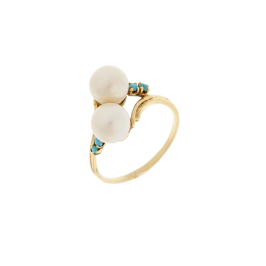 Gold Ring with Cultured Pearls & Turquoise featuring a delicate French 18k gold entwined band design