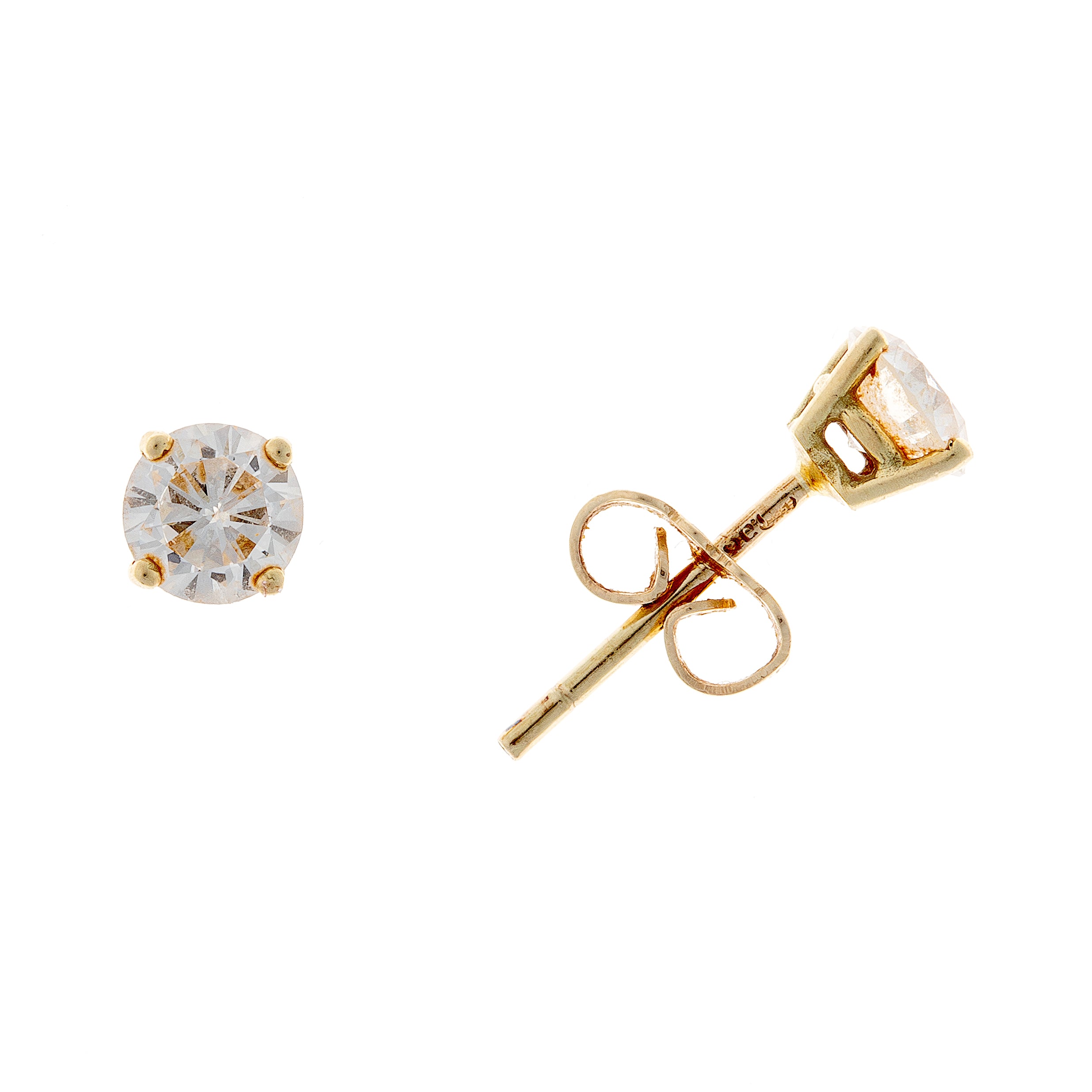 A side profile of the solitaire stud earrings, emphasizing their minimalist gold setting.