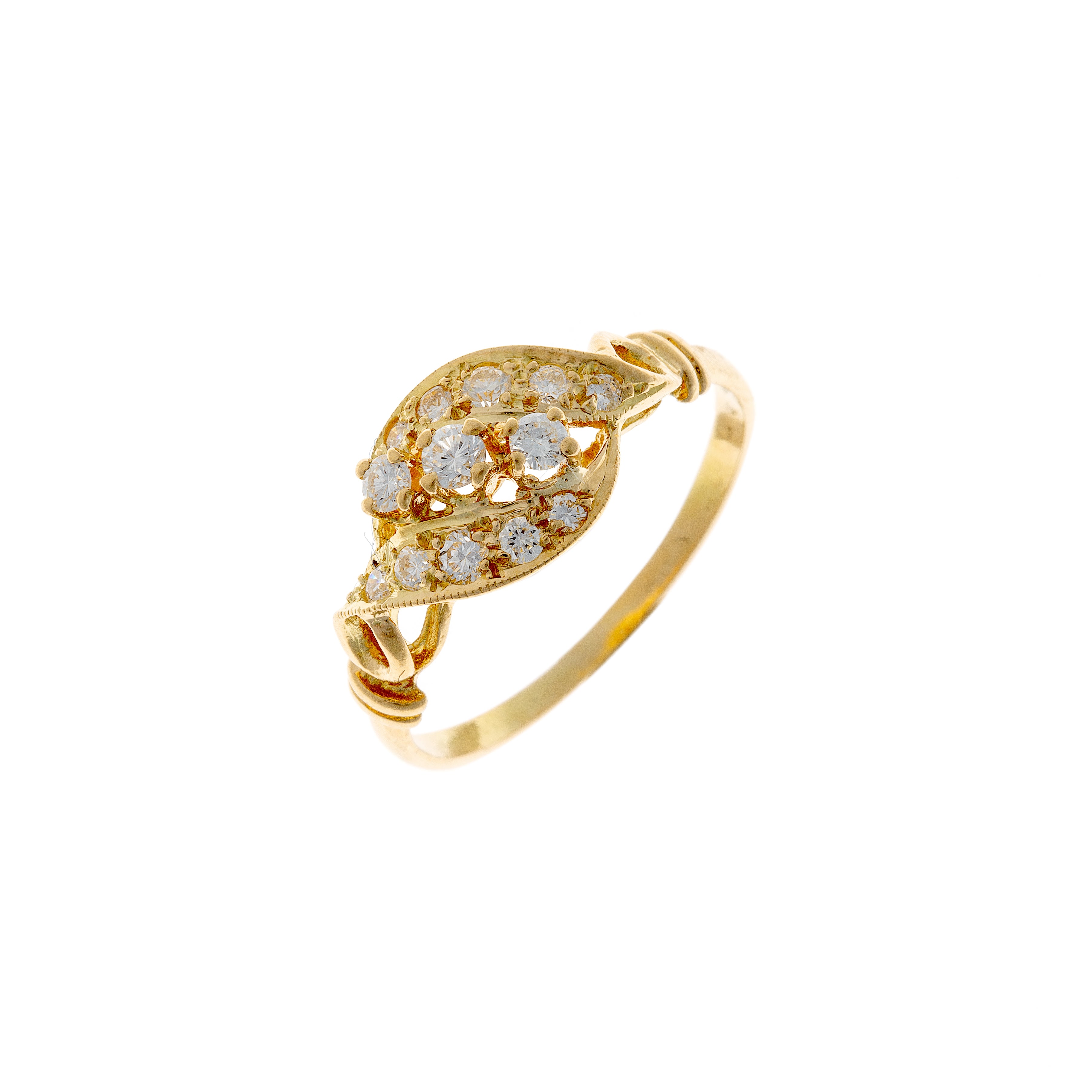Angled view of a Mid-Century crossover ring in 18K gold, featuring 13 brilliant-cut diamonds set in an intertwined design.