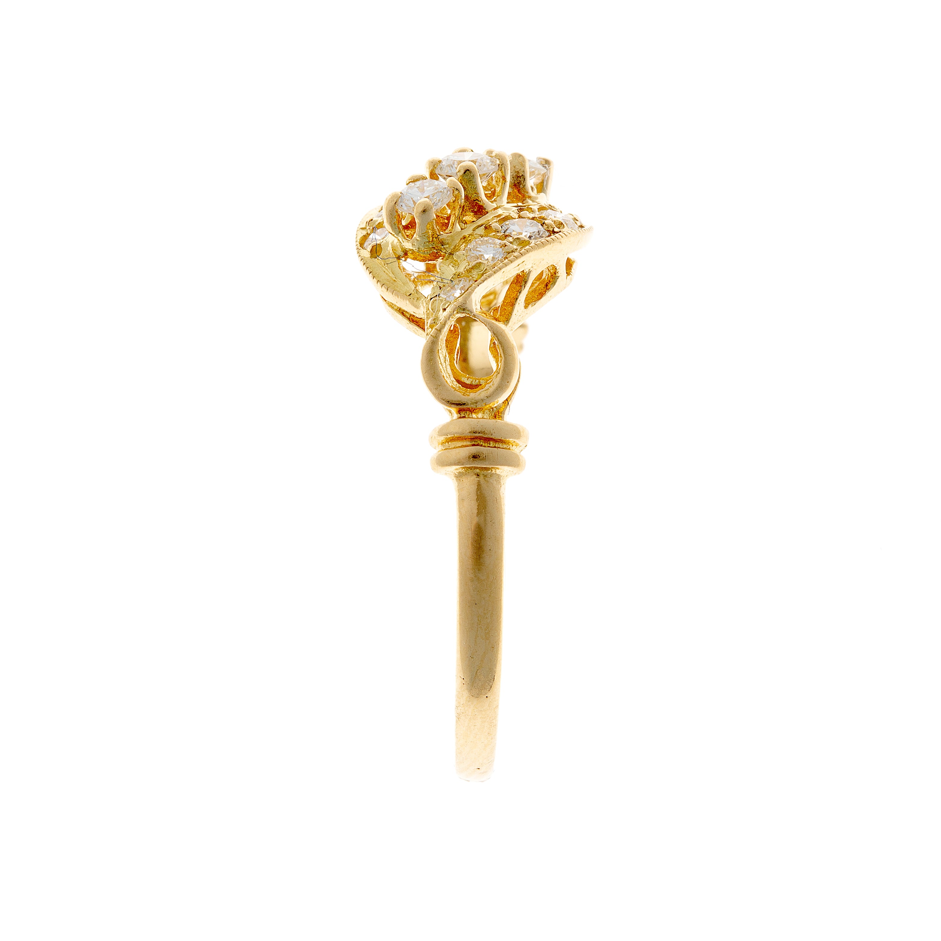Side view of a Mid-Century crossover ring in 18K gold, showcasing its delicate crossover motif with brilliant-cut diamonds.
