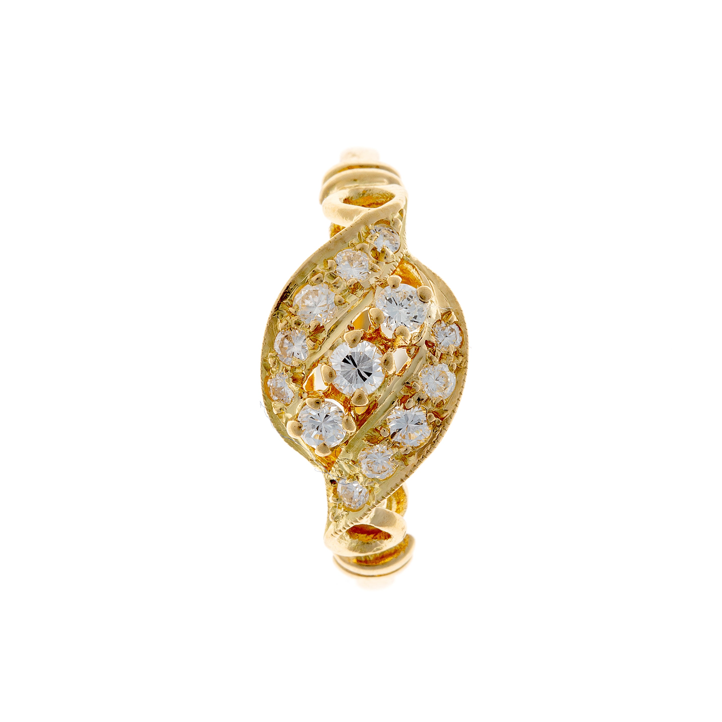 Top view of a Mid-Century crossover ring in 18K gold with rows of diamonds twisting into an elegant openwork pattern.