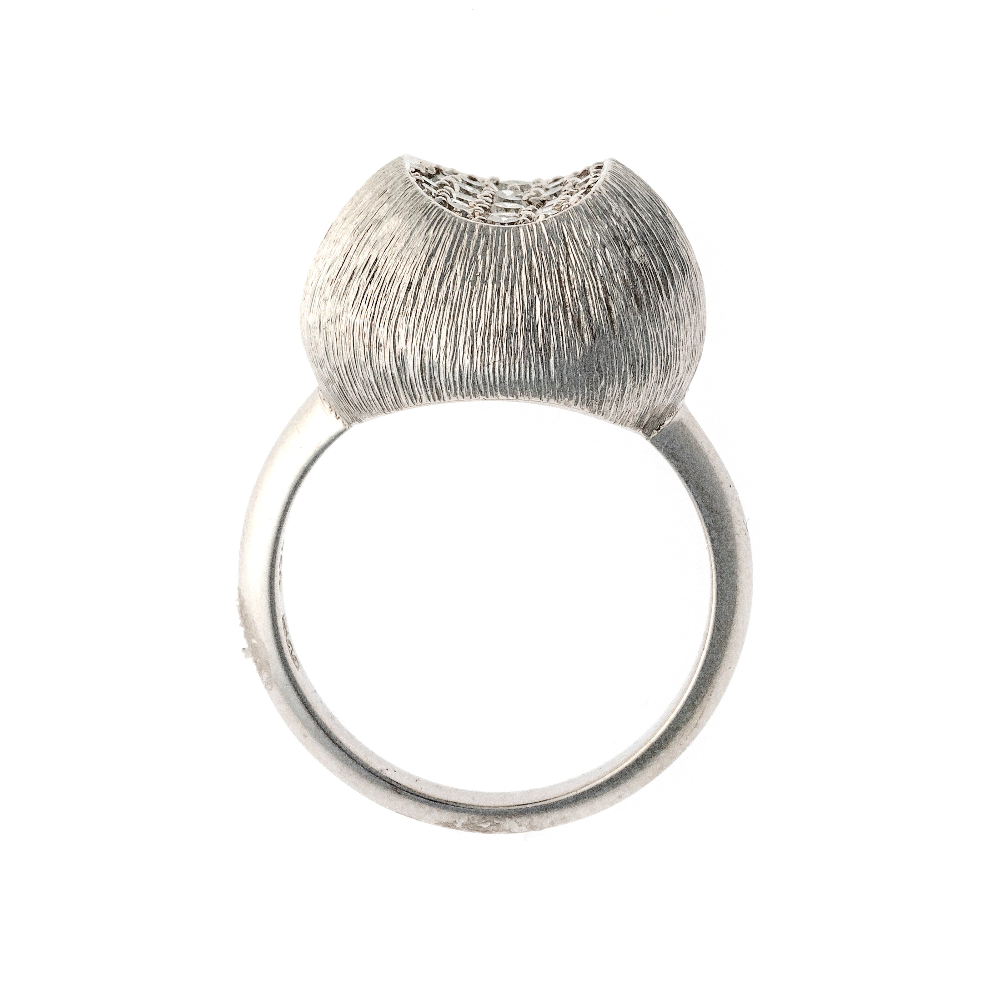 Profile of the Mid-Century white gold pavé diamond dome cocktail ring. 
