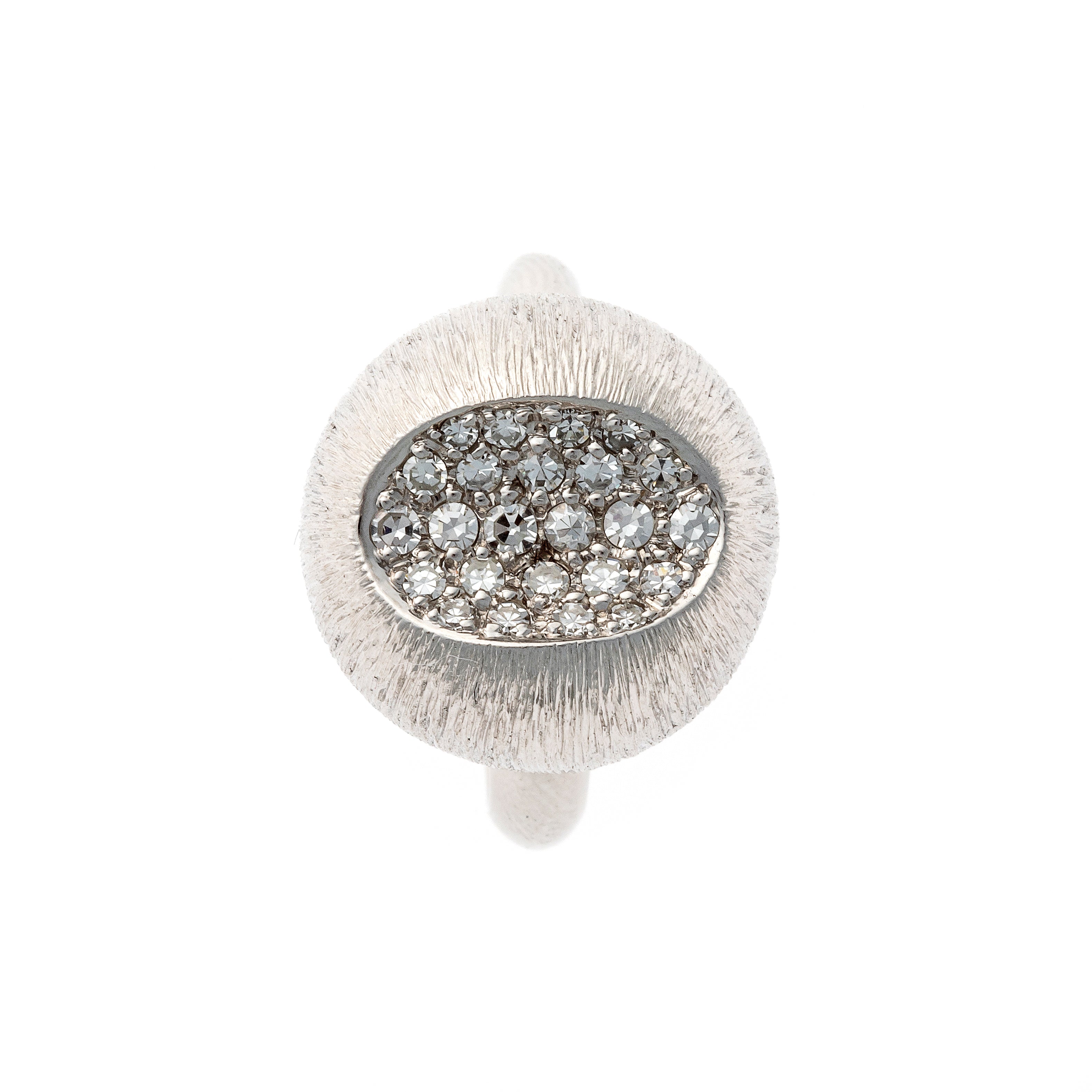 Top of the Mid-Century white gold pavé diamond dome cocktail ring. 