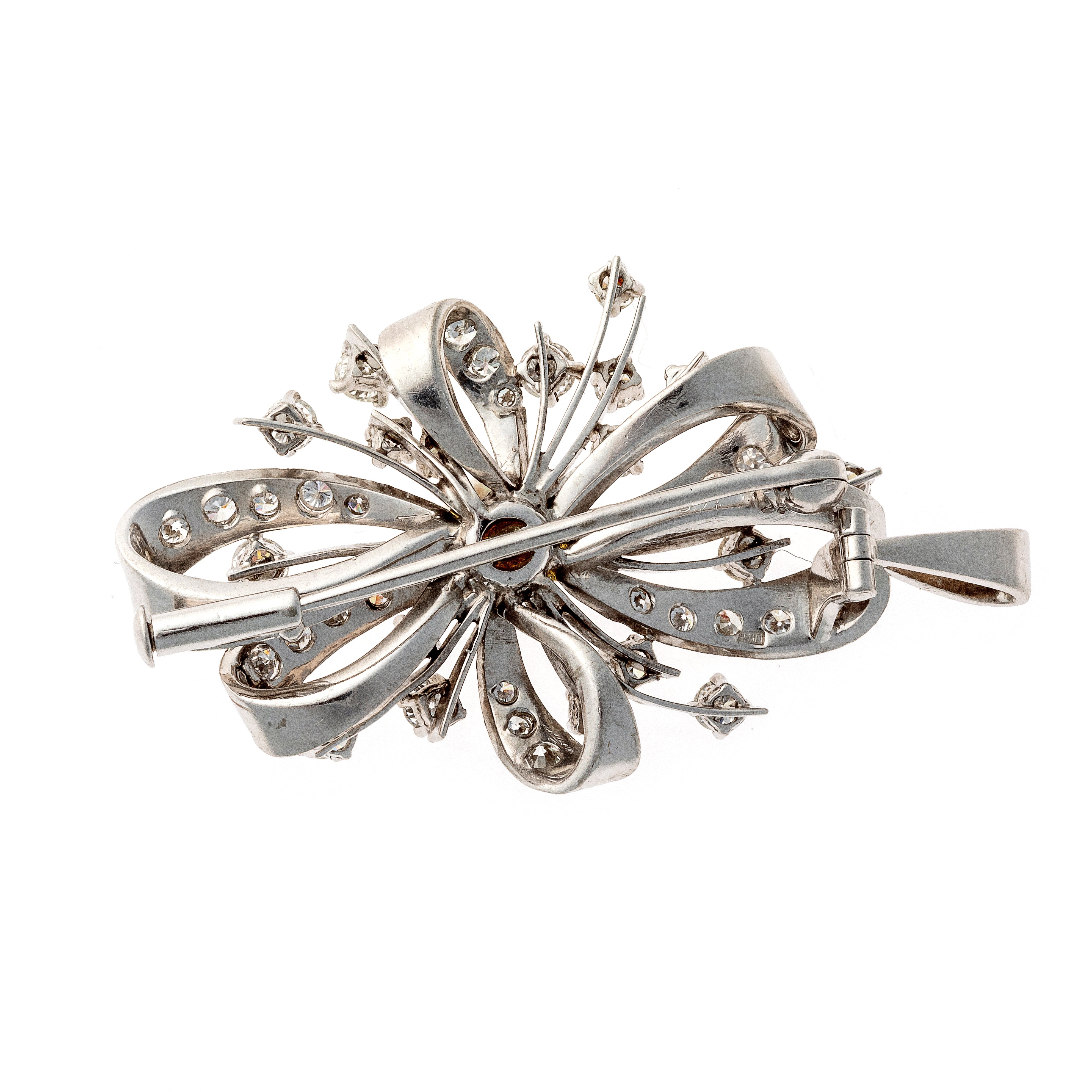 Back of the Mid-Century diamond and pearl white gold bow brooch pendant.