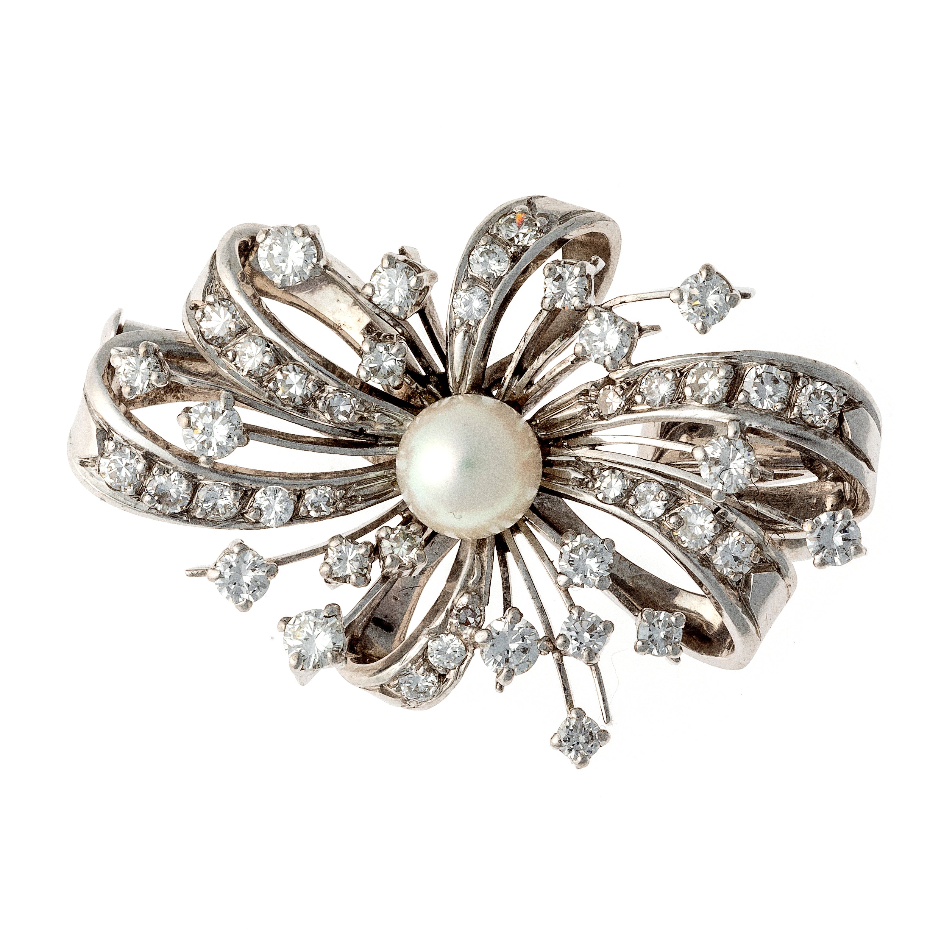 Mid-Century diamond and pearl white gold bow brooch pendant.