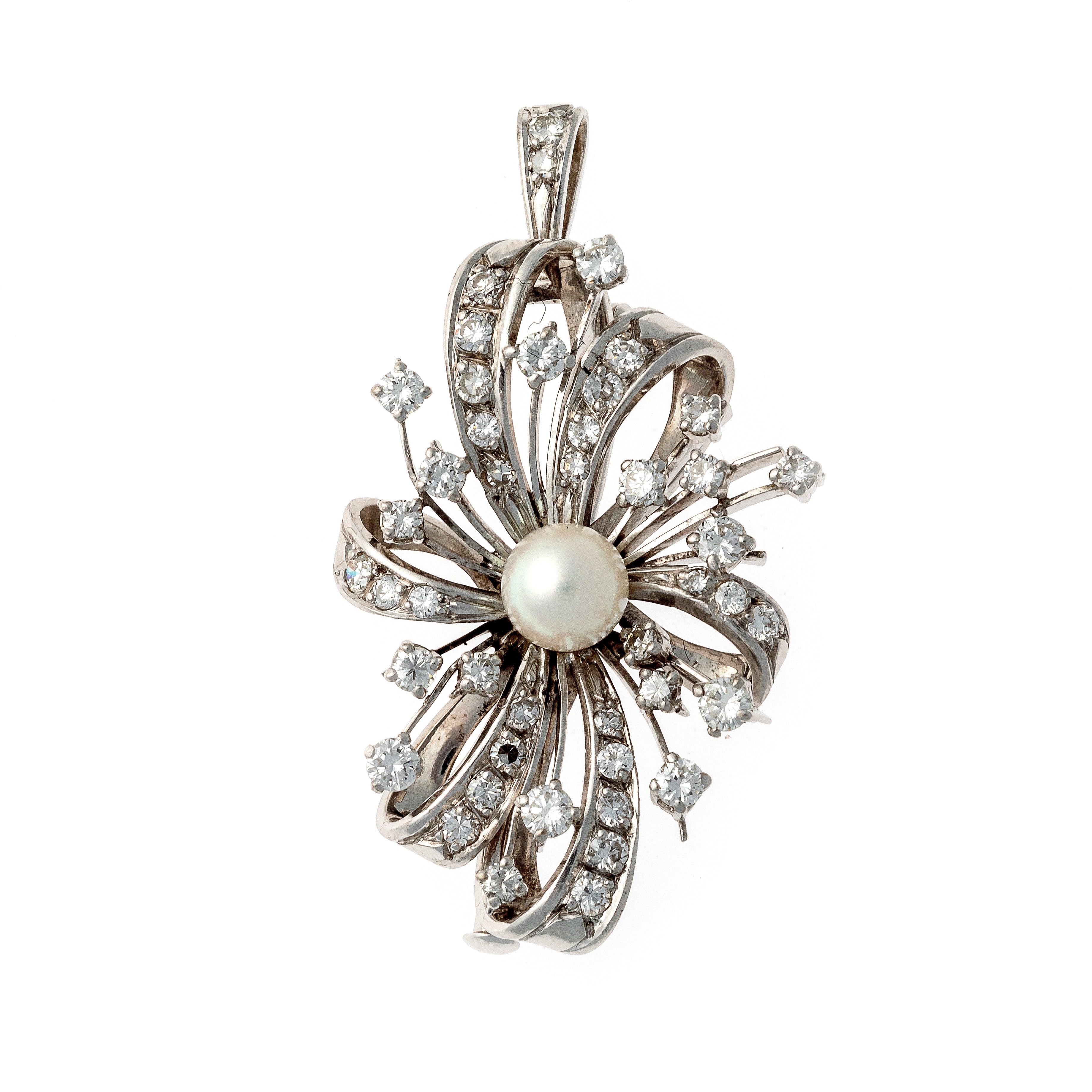 Vertical view of the Mid-Century diamond and pearl white gold bow brooch pendant.