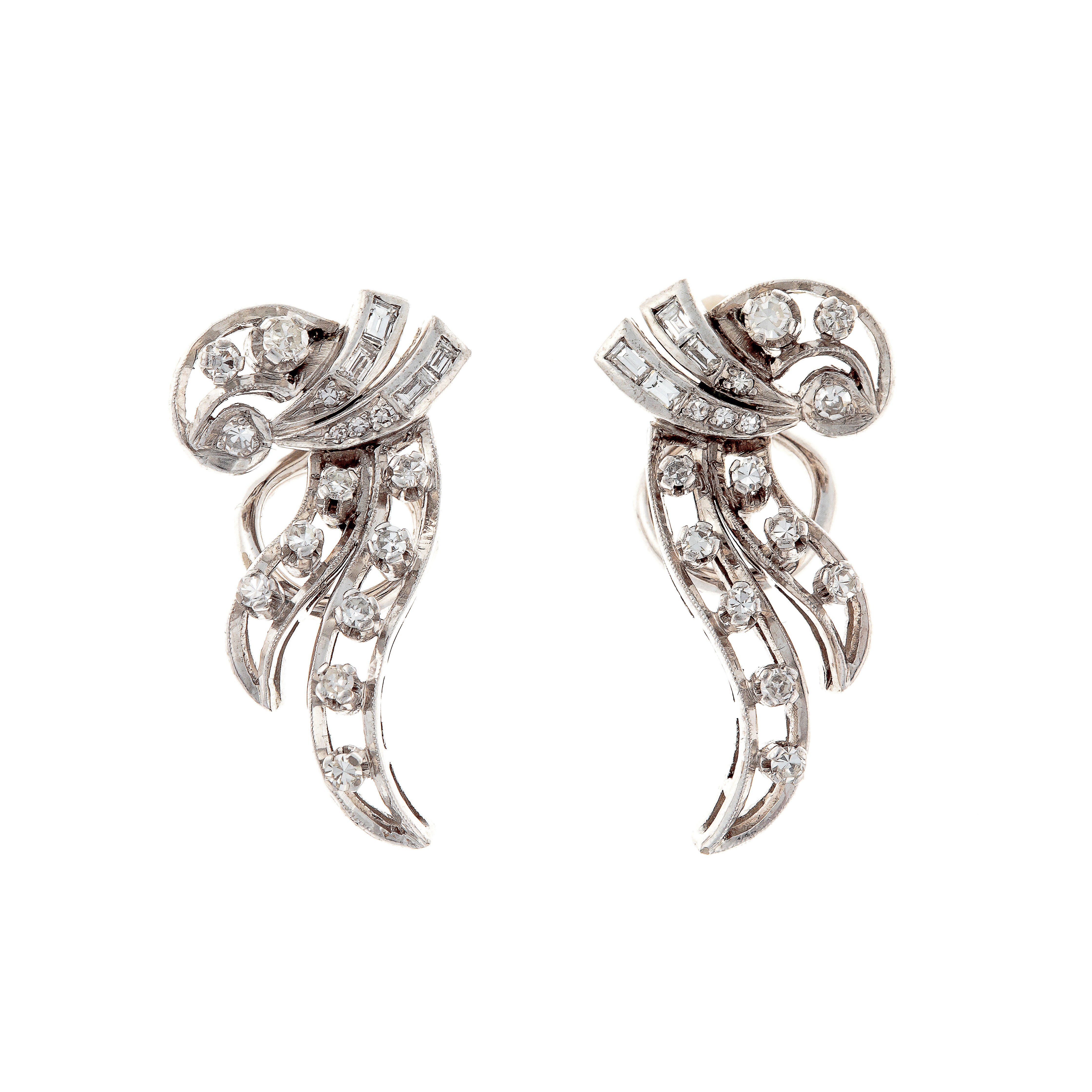 Pair of Mid-Century diamond ribbon earrings in white gold and palladium, front view with round and baguette diamonds.