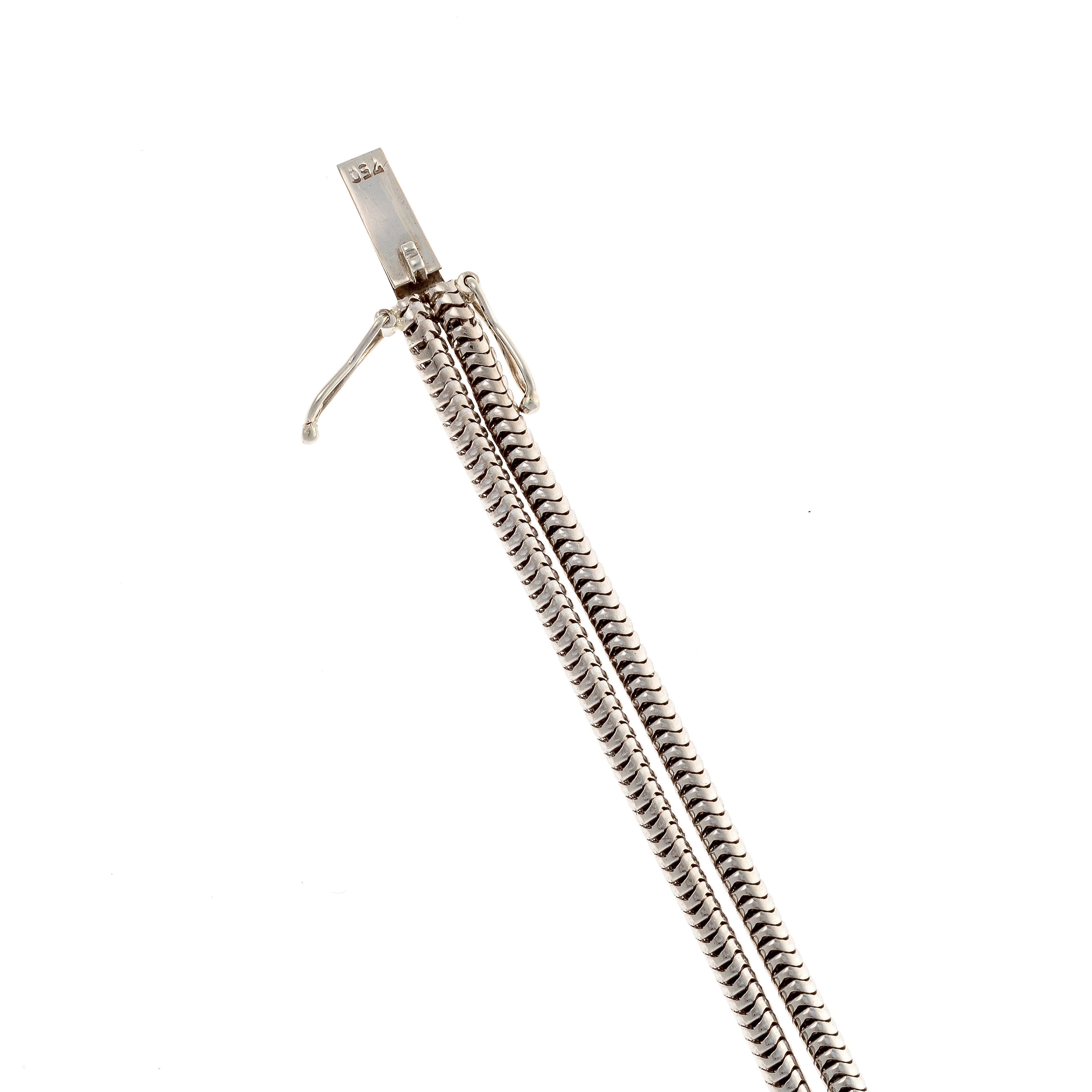 Clasp of the mid-century French white gold bracelet with lab-grown emerald centerpiece and diamonds.