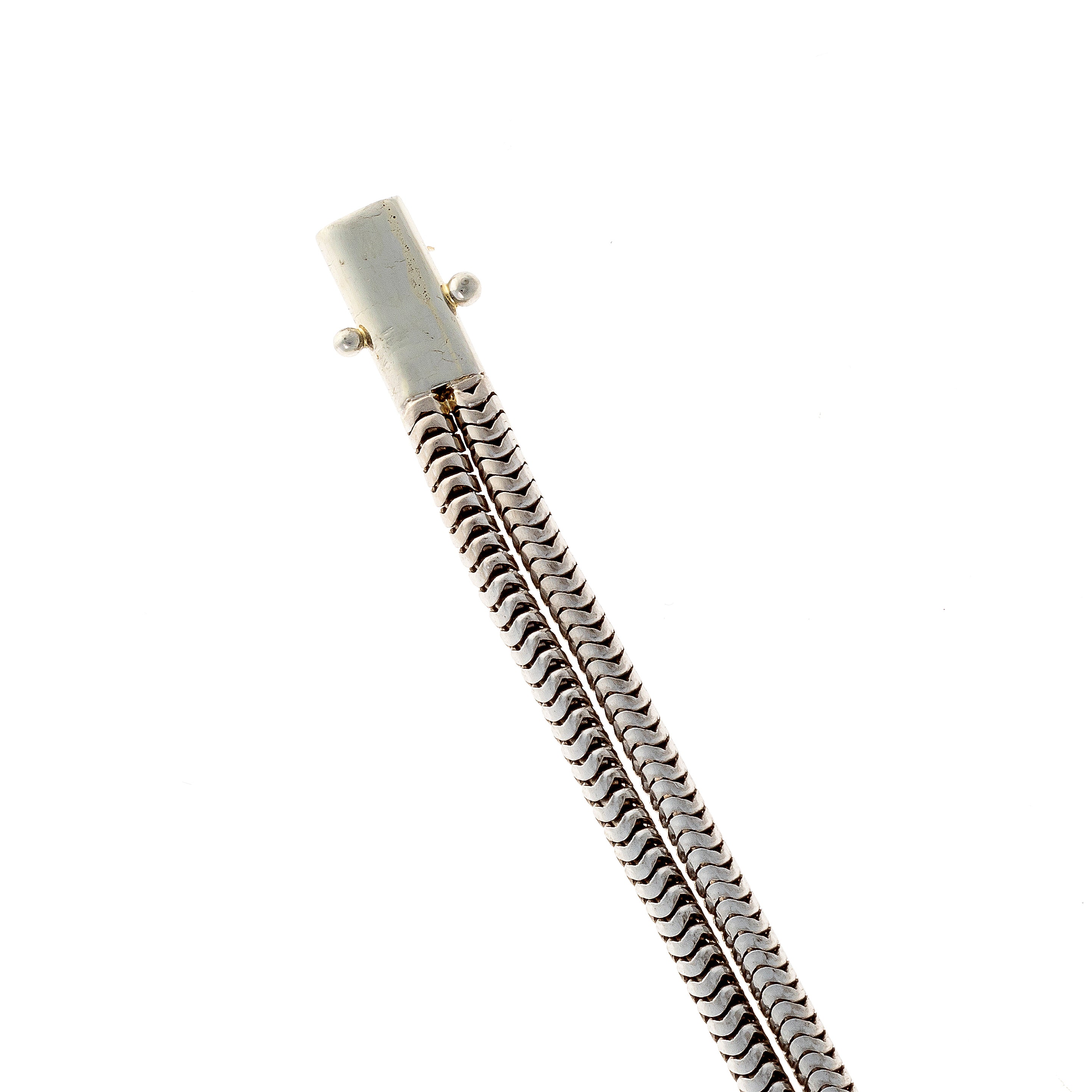 Clasp of the mid-century French white gold bracelet with lab-grown emerald centerpiece and diamonds.