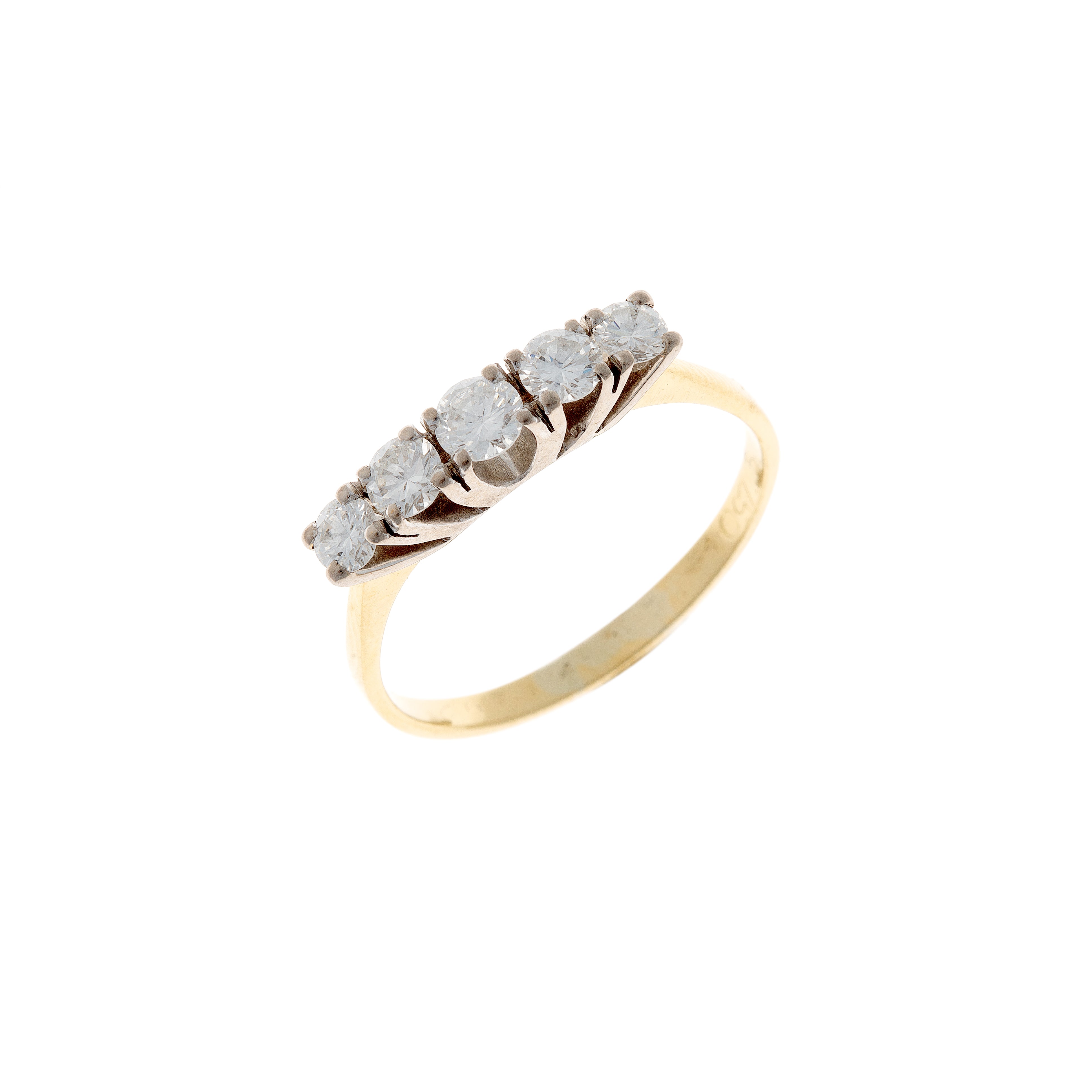 Mid-Century five-stone diamond ring in 18K gold, angled view showcasing prong-set diamonds and tapered band.