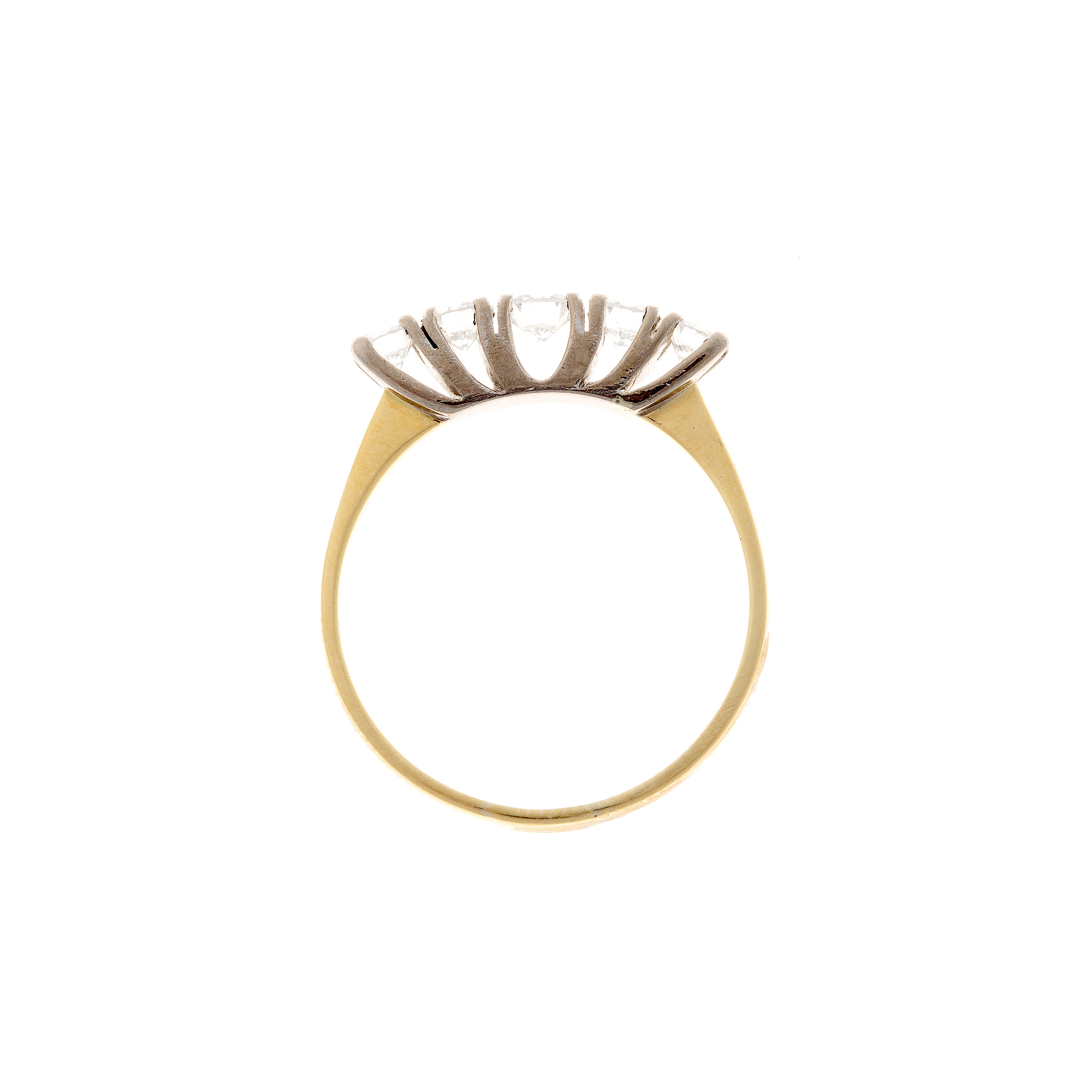 Profile view of a Mid-Century five-stone diamond ring in 18K gold, capturing the elevated diamond gallery and delicate prong work.