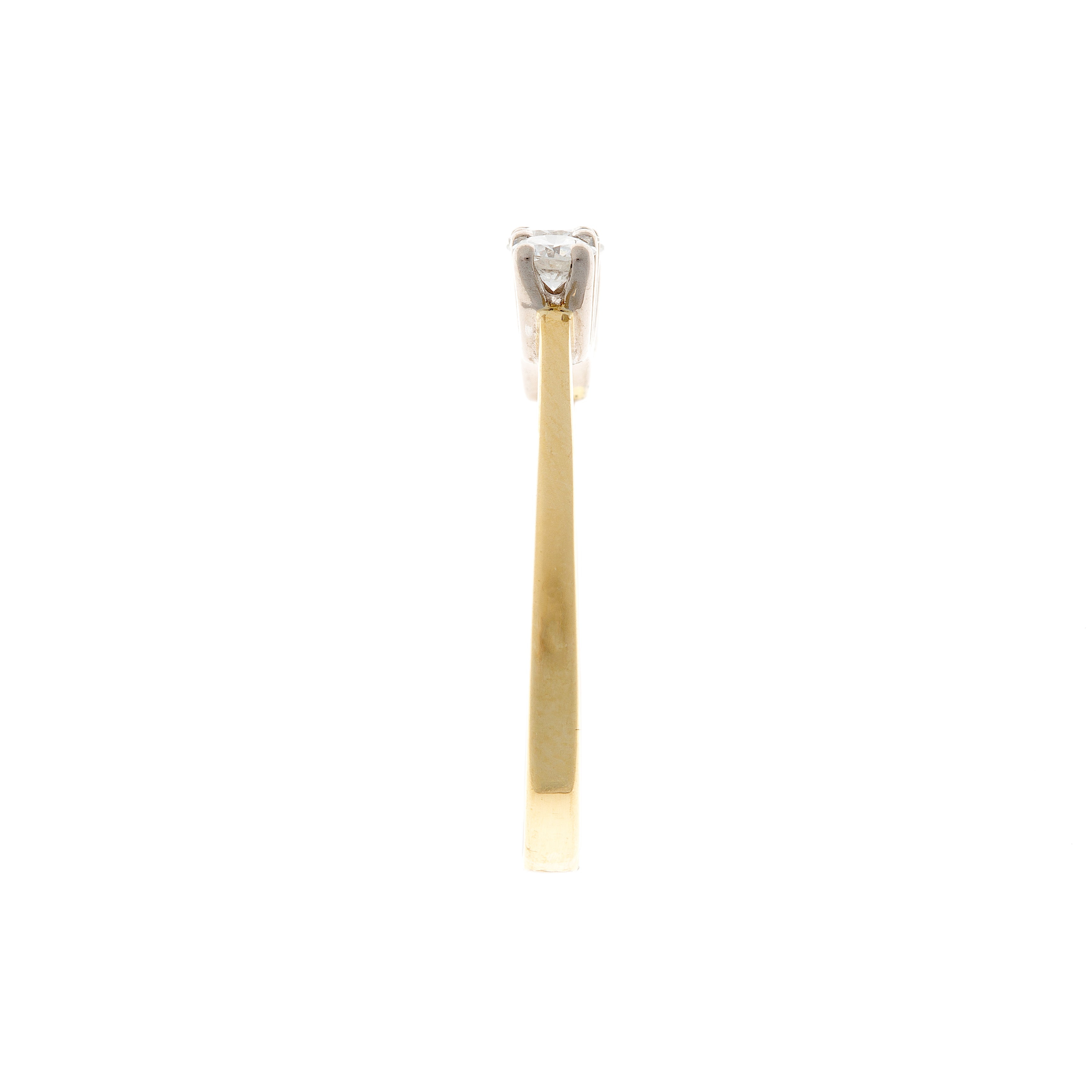 Side profile of a Mid-Century five-stone diamond ring in 18K gold, showing the elegant tapered band and raised prong setting.