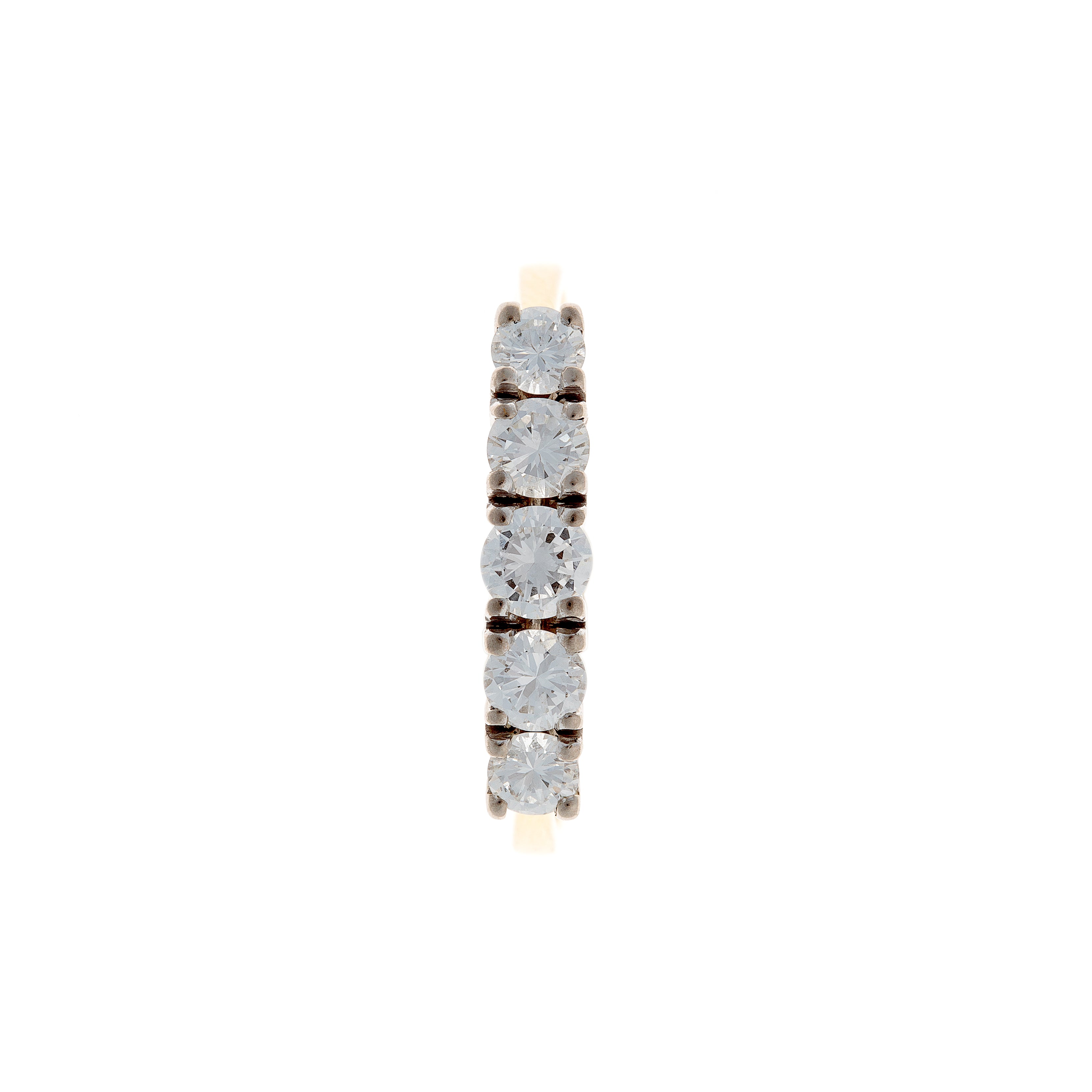 Top-down view of a Mid-Century five-stone diamond ring in 18K gold, highlighting the brilliant-cut diamonds.