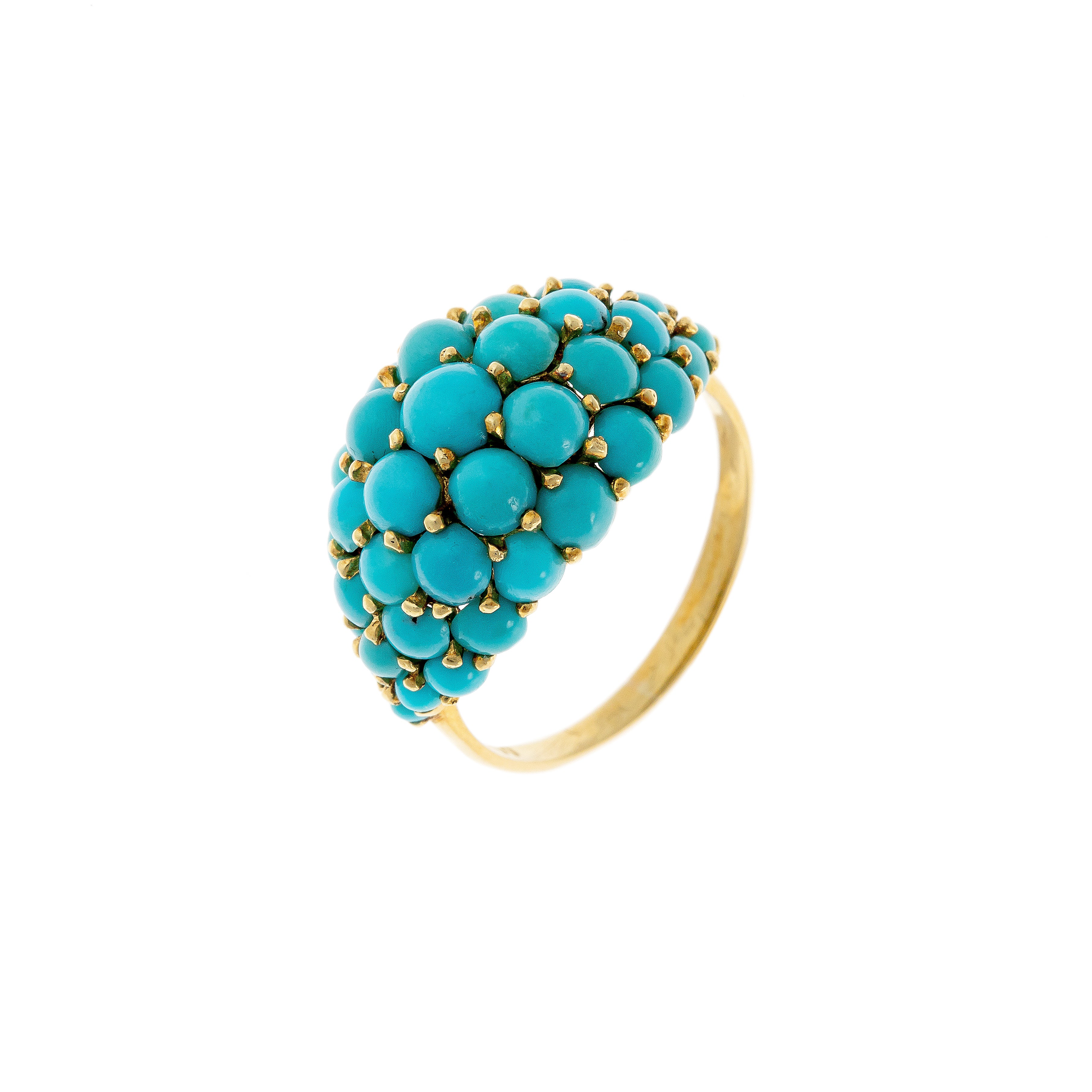 Angular view of the Mid-Century cabochon ring, emphasizing the bold blue hues and intricate gold prong work.