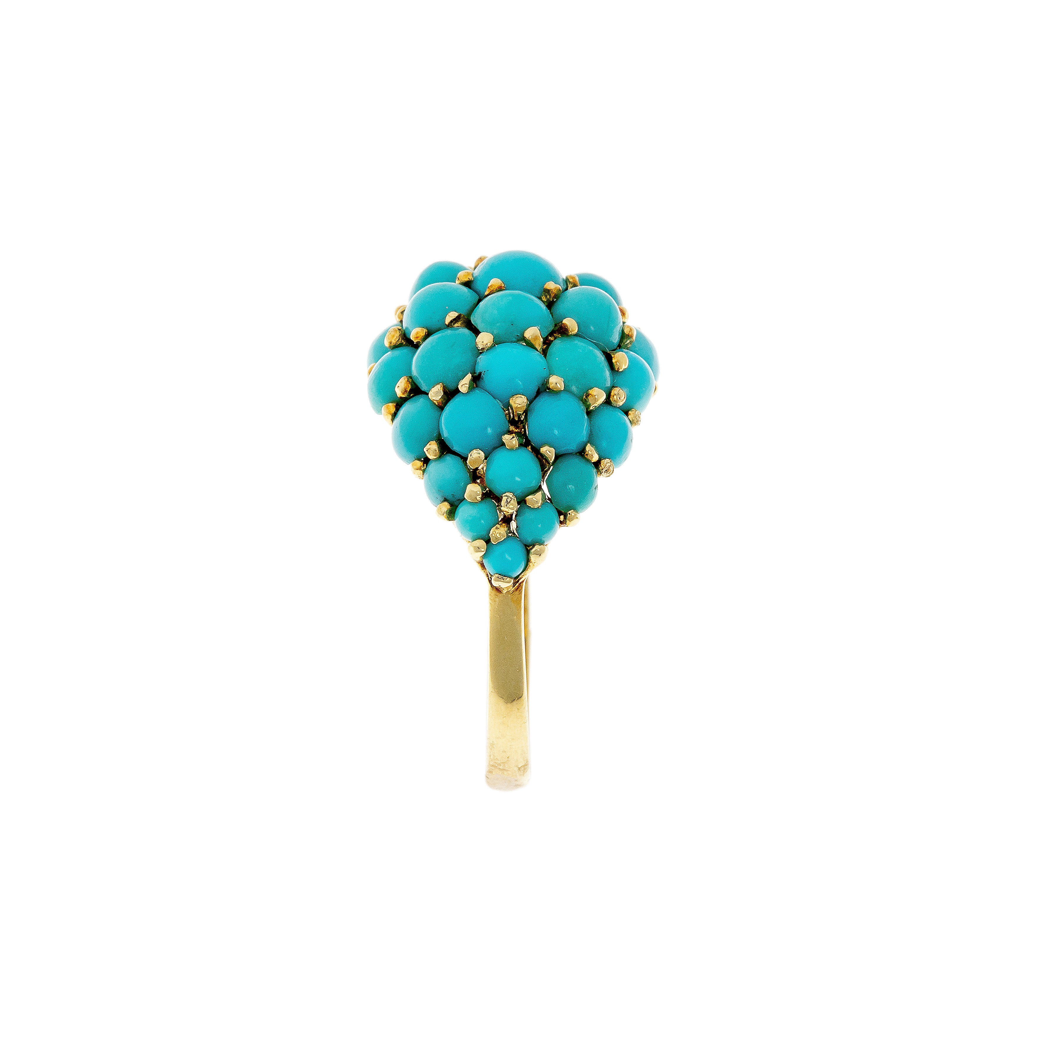 Side view of the Mid-Century dome ring, featuring a cluster of imitation turquoise cabochons set in 18K gold.