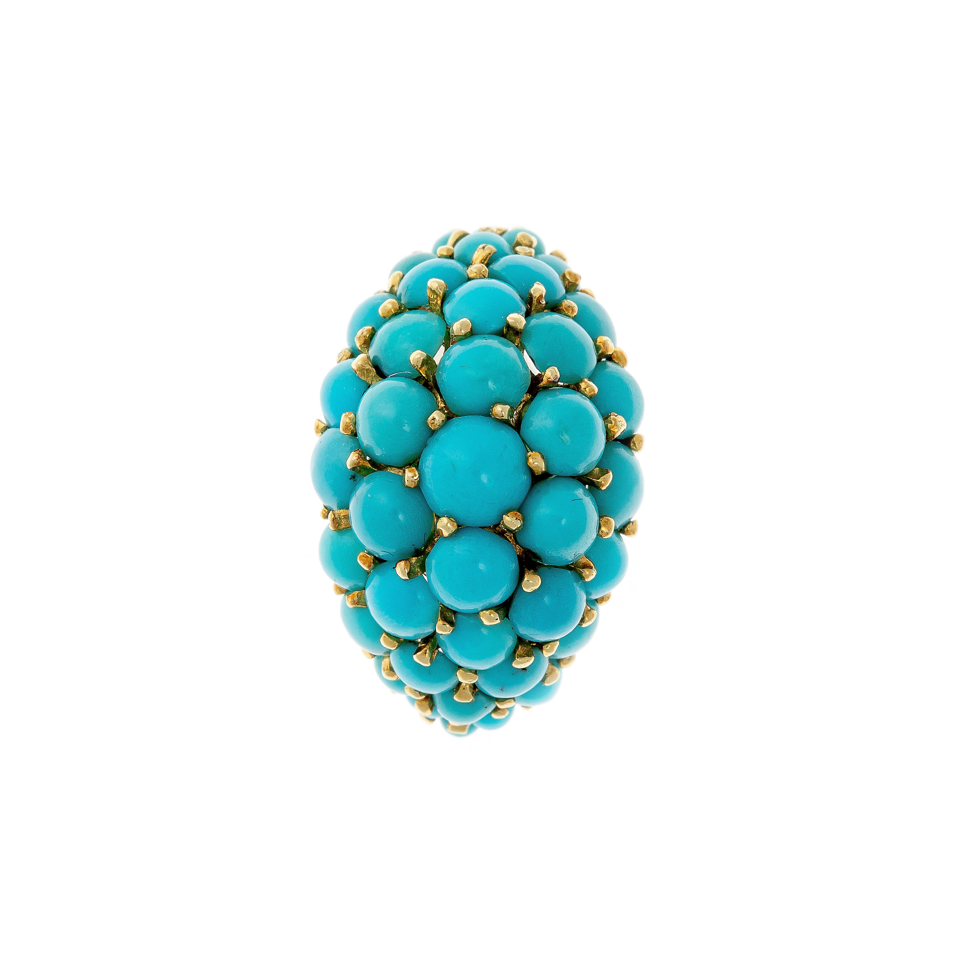 Top-down perspective of the French cocktail ring, showcasing the honeycomb-style prong setting and vibrant blue cabochons.