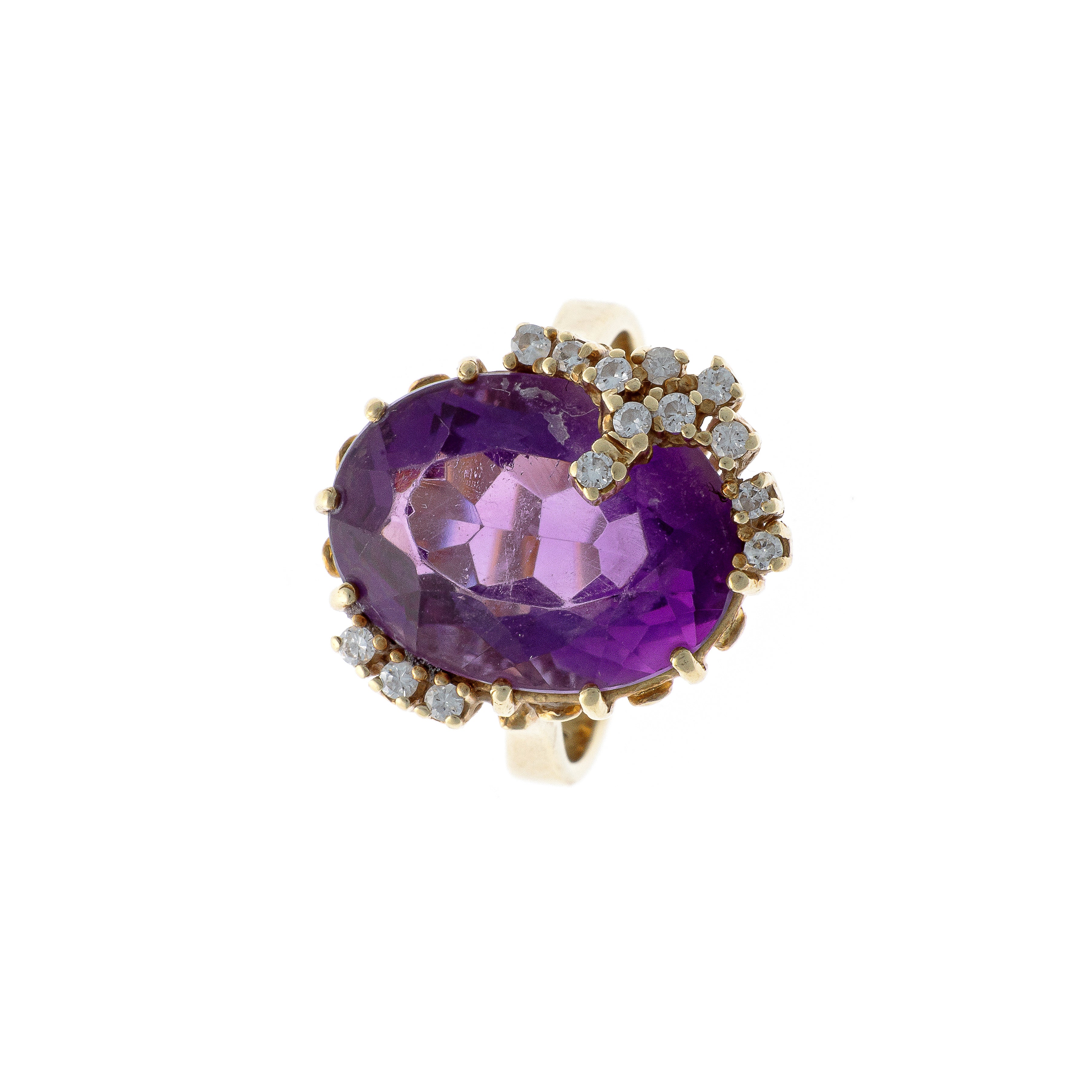 Top of the Mid-Century gold large amethyst and diamond cocktail ring.
