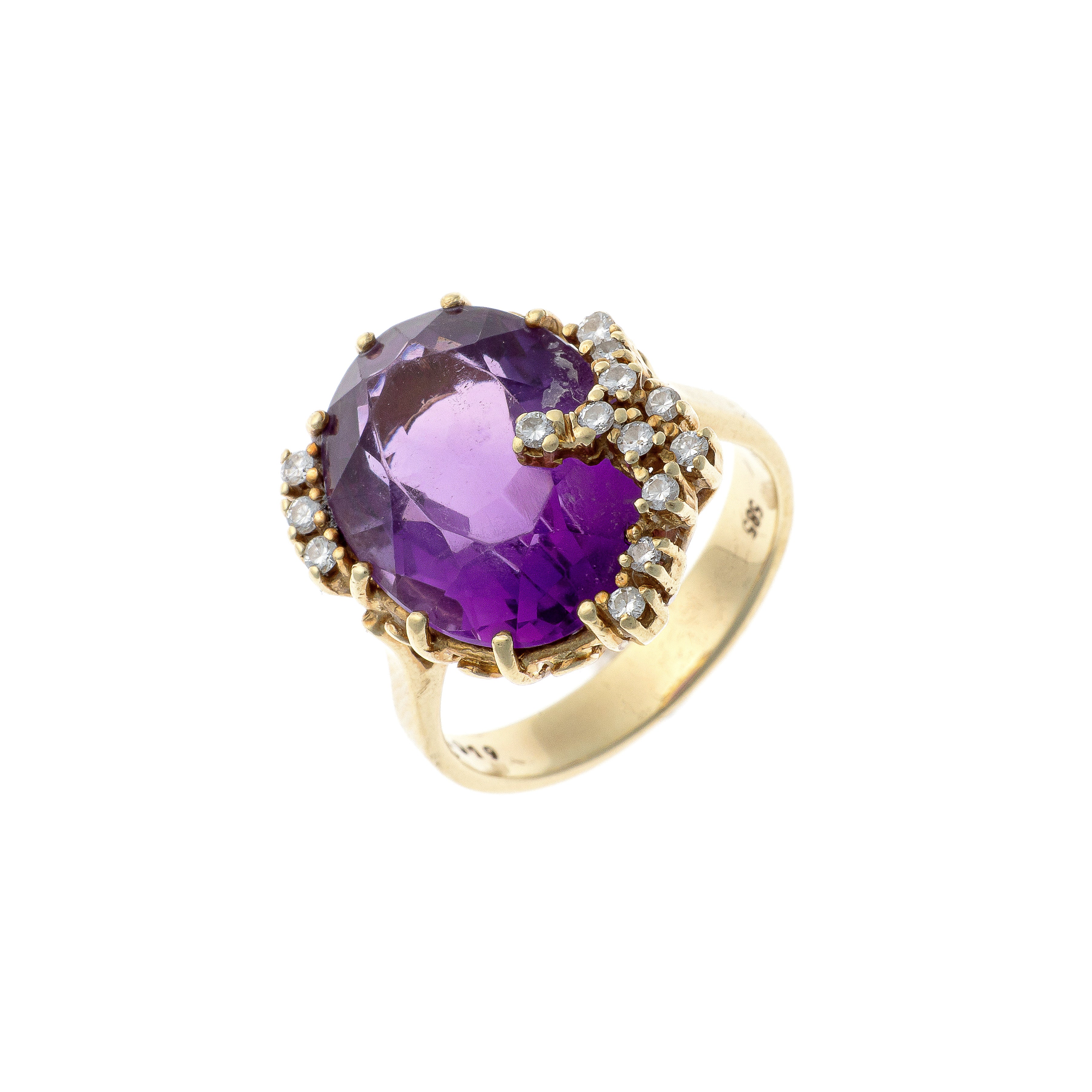 Mid-Century gold large amethyst and diamond cocktail ring.