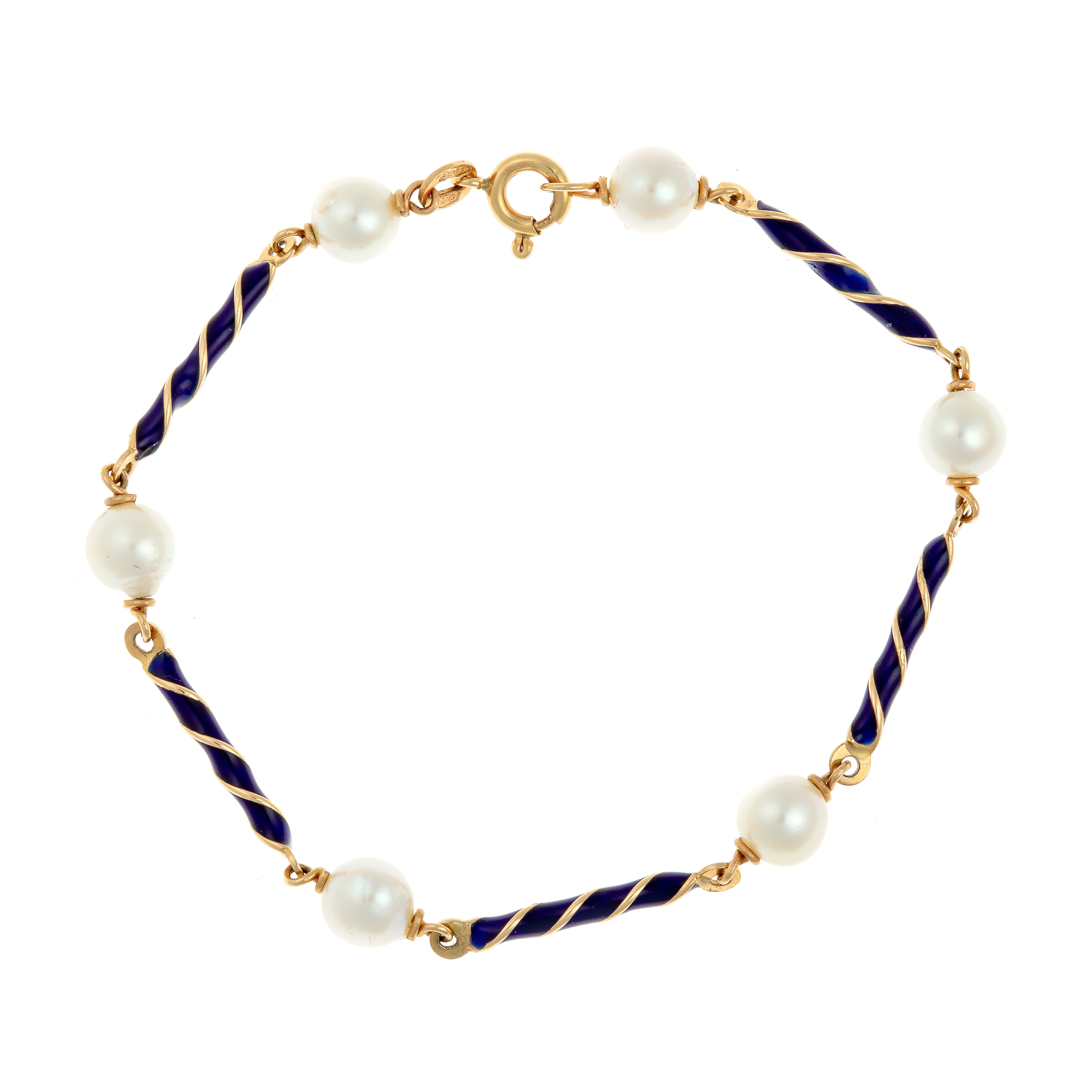 Mid-Century gold bracelet with blue enamel and Akoya pearls.