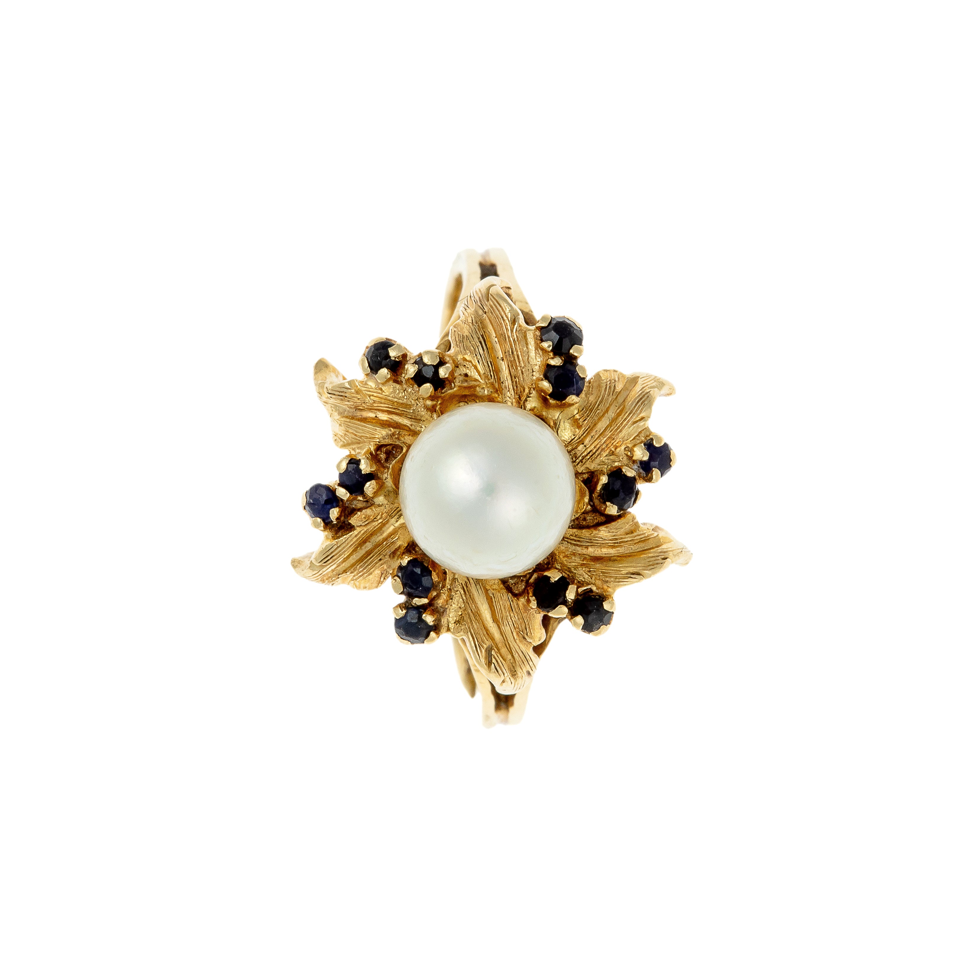 Mid-Century gold cocktail ring with pearl and sapphires in floral design.