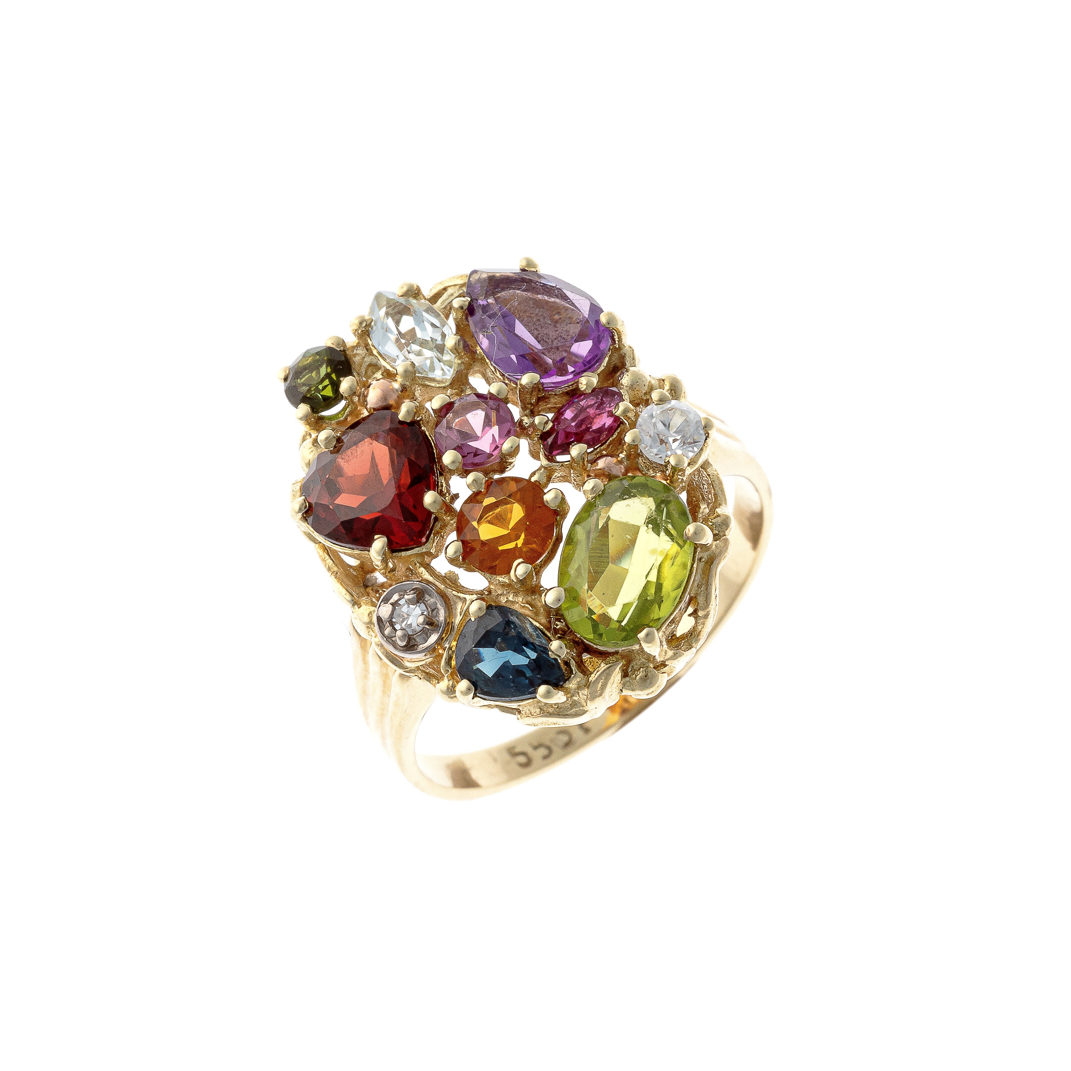 Mid-Century multi-gem harlequin gold cocktail ring.