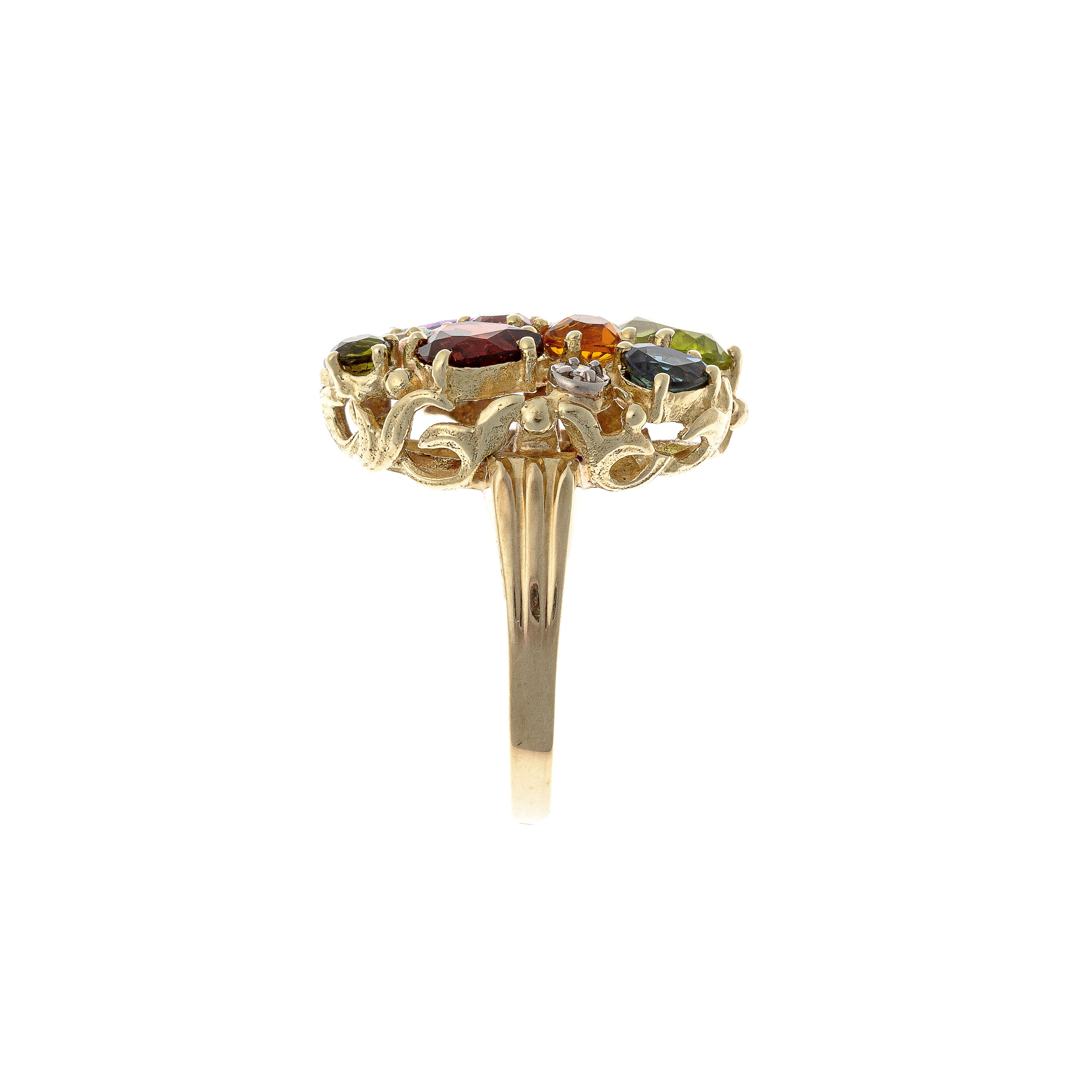 Seite des Mid-Century Harlekin-Cocktailrings aus Gold mit mehreren Edelsteinen.