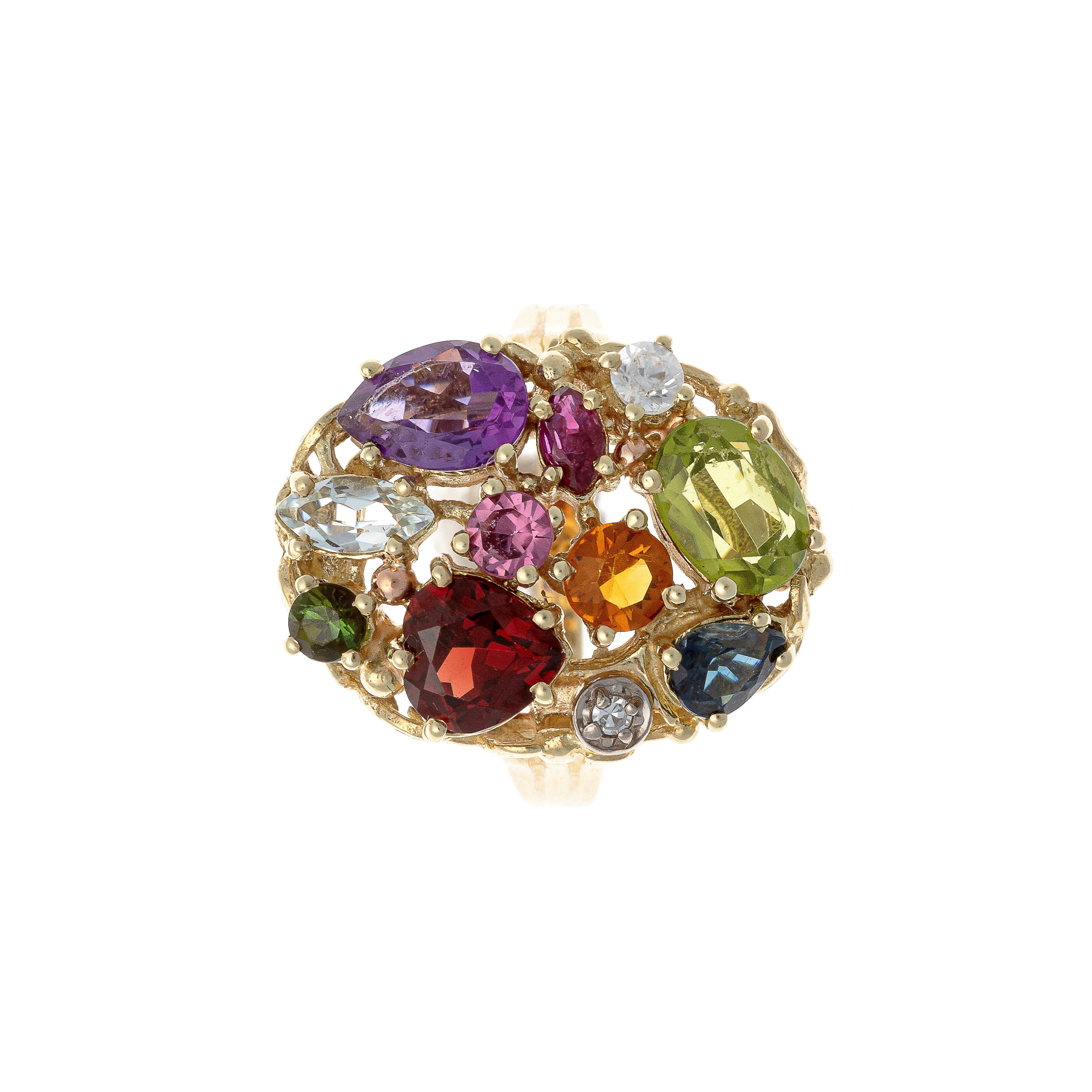Top of the Mid-Century multi-gem harlequin gold cocktail ring.
