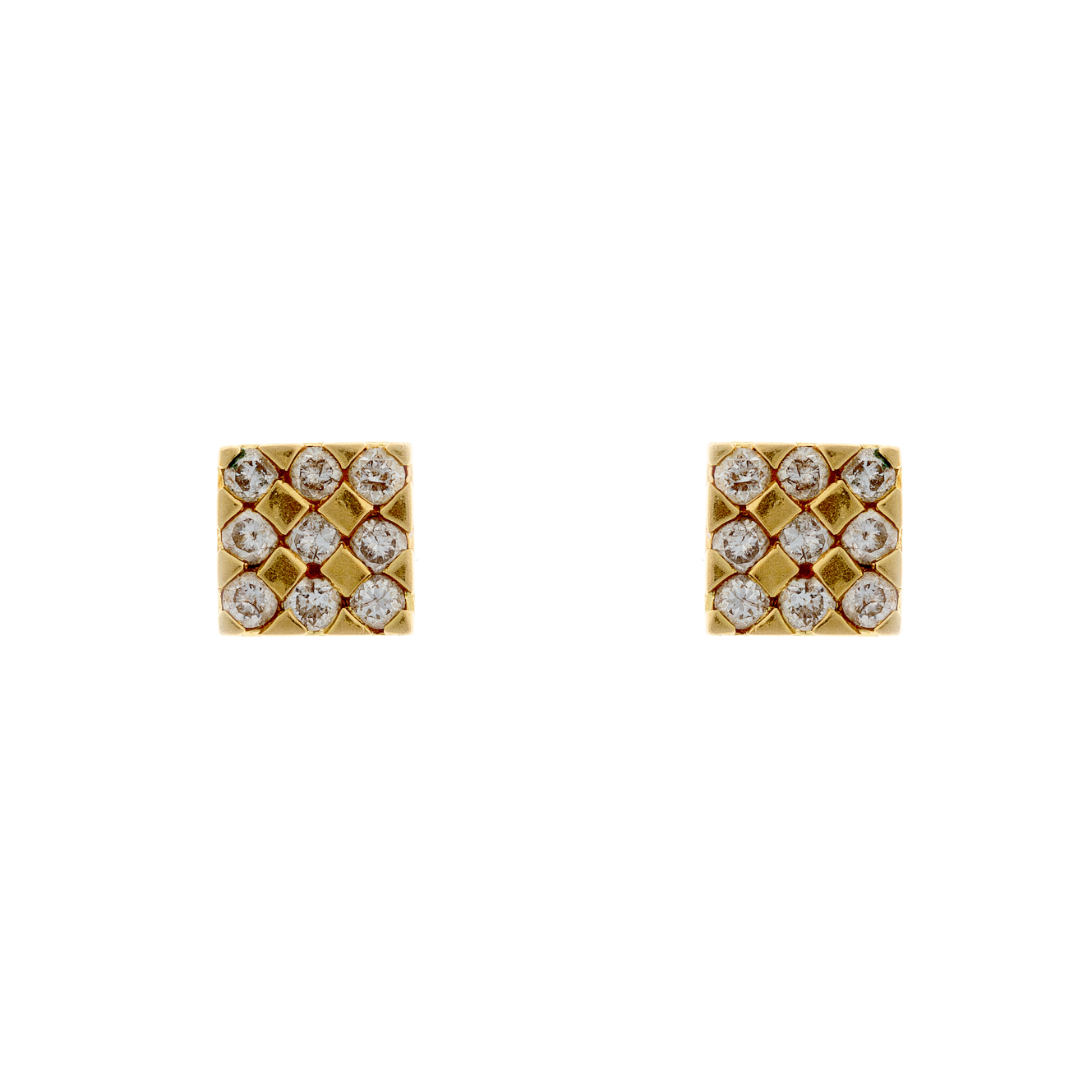Front view of the square gold stud earrings, showcasing the checkerboard pavé diamond setting.